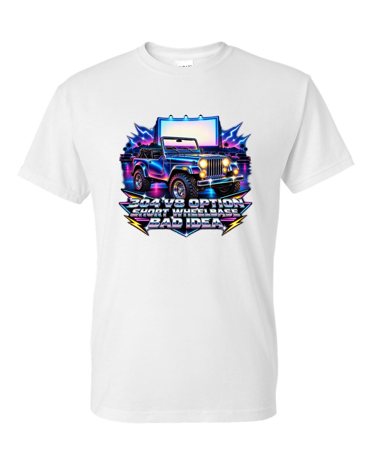 80s airbrush chrome print of a Jeep CJ-5 with 304 V8 option text white t-shirt front view with the design