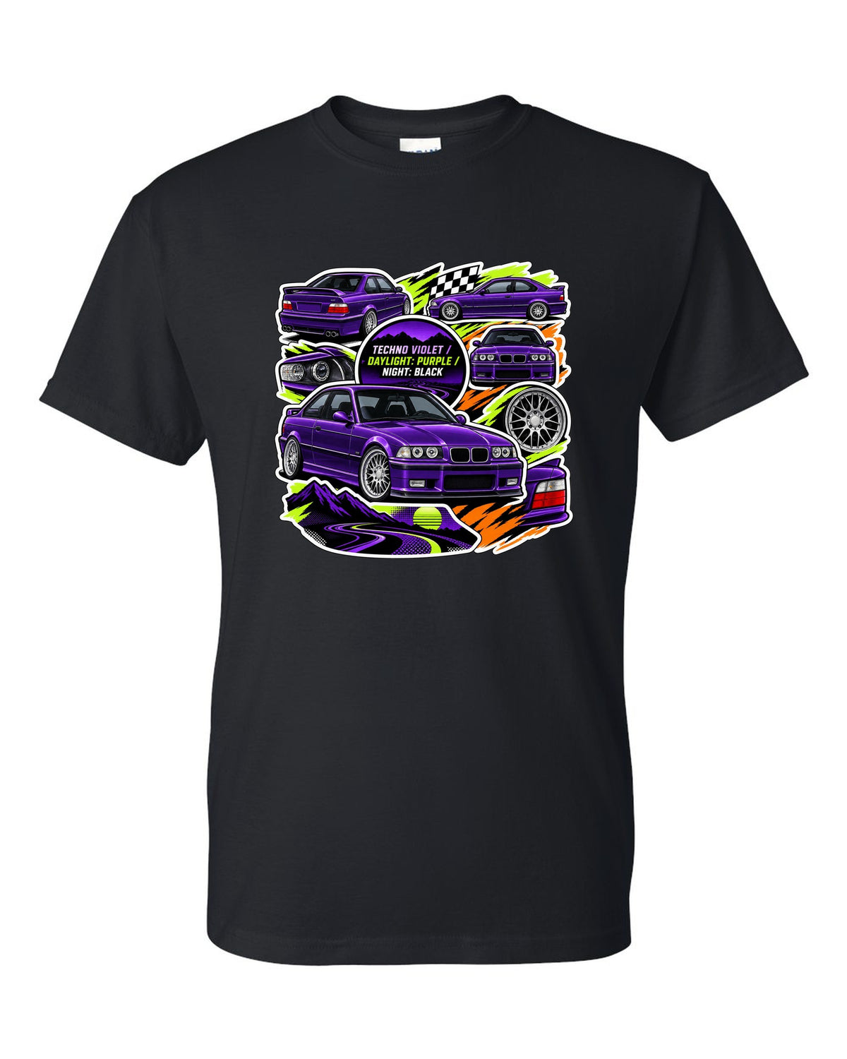 Sticker bomb collage print of a Techno Violet BMW E36 M3 with daylight purple night black text black t-shirt front view with the design