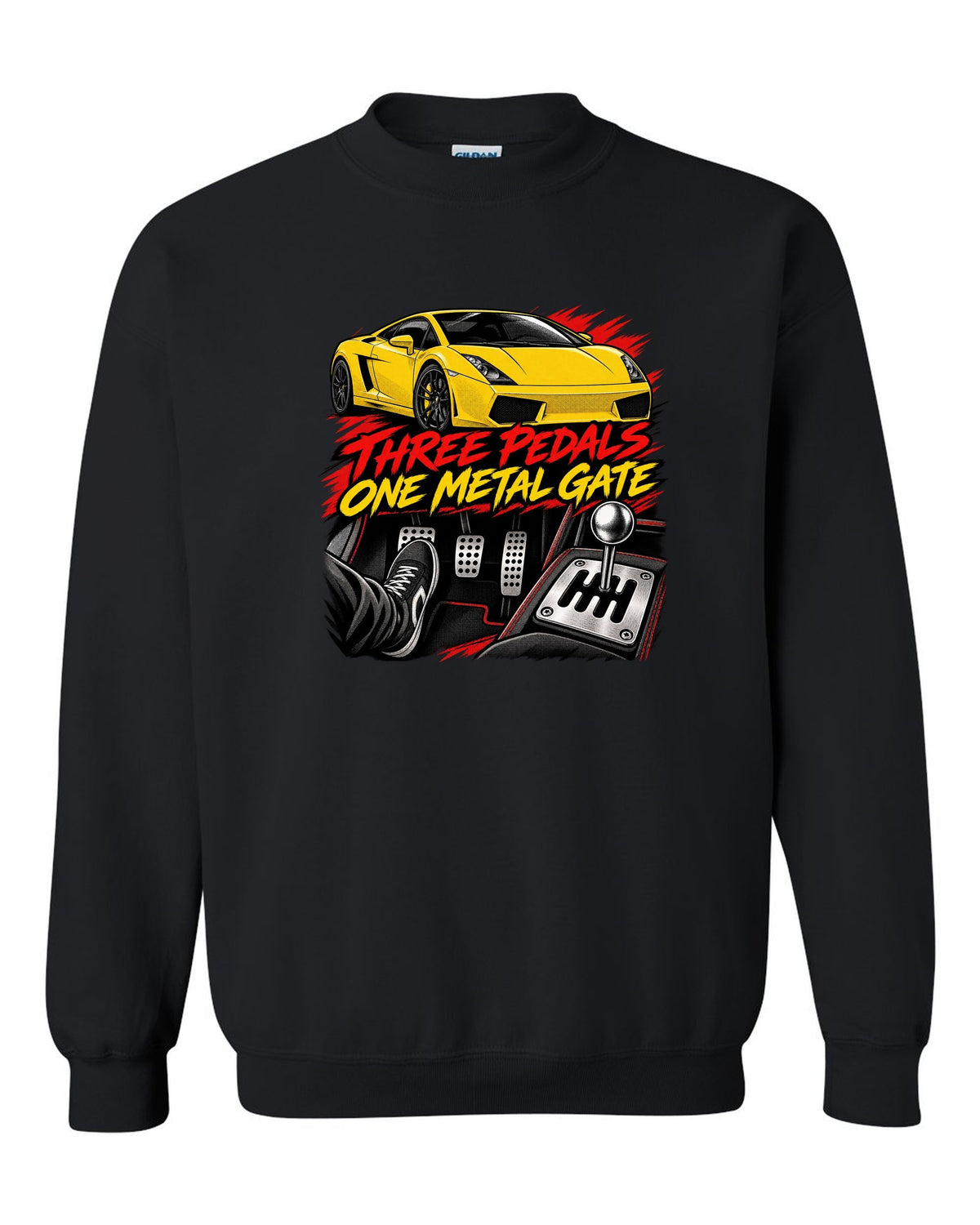 Retro black-ink manga panel of a Lamborghini Gallardo coupe with a gated six-speed manual shifter black crewneck front view with the design