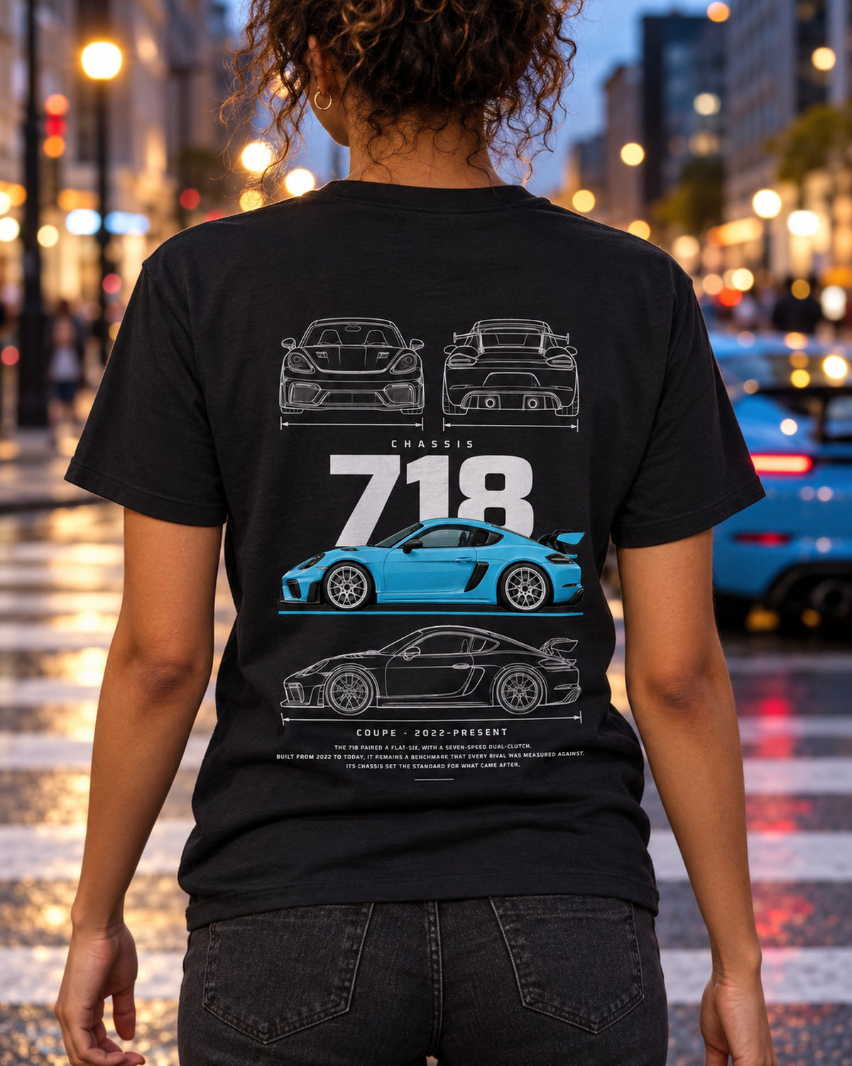 Porsche 718 Cayman GT4 RS Blueprint Full-Back Graphic Tee, 718 Chassis Code T-Shirt Black worn hero