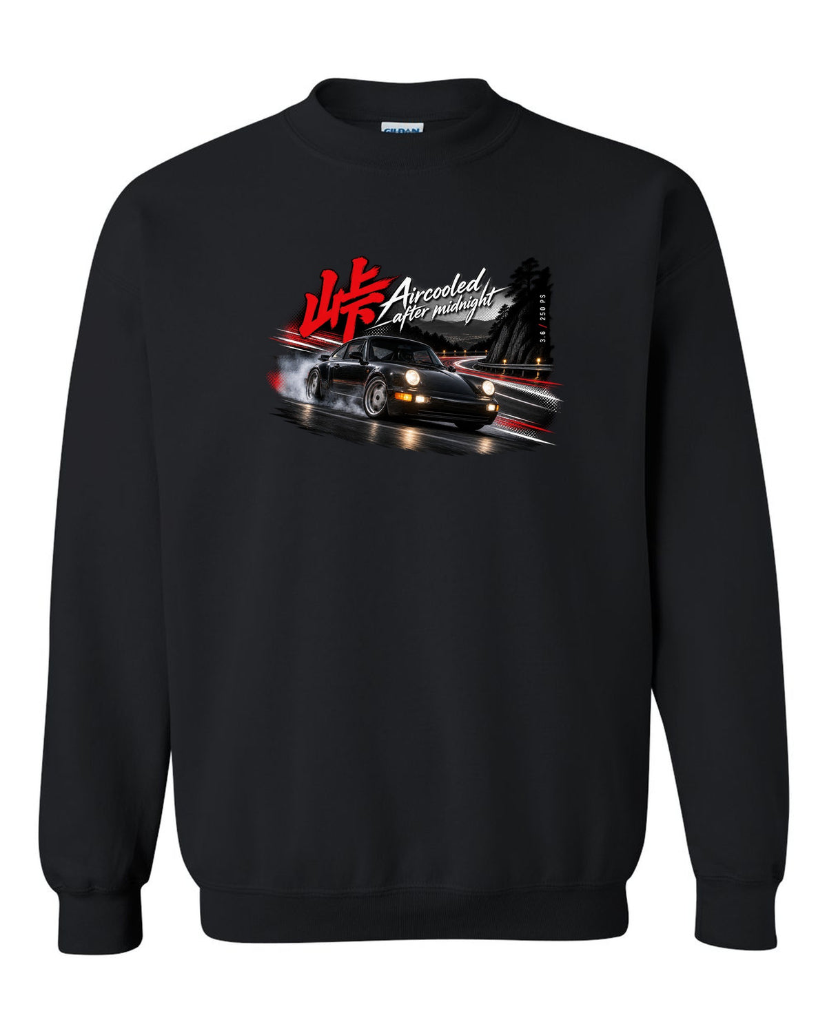 Touge night print of a Porsche 911 Carrera 2 (964) with the line Aircooled after midnight black crewneck front view with the design