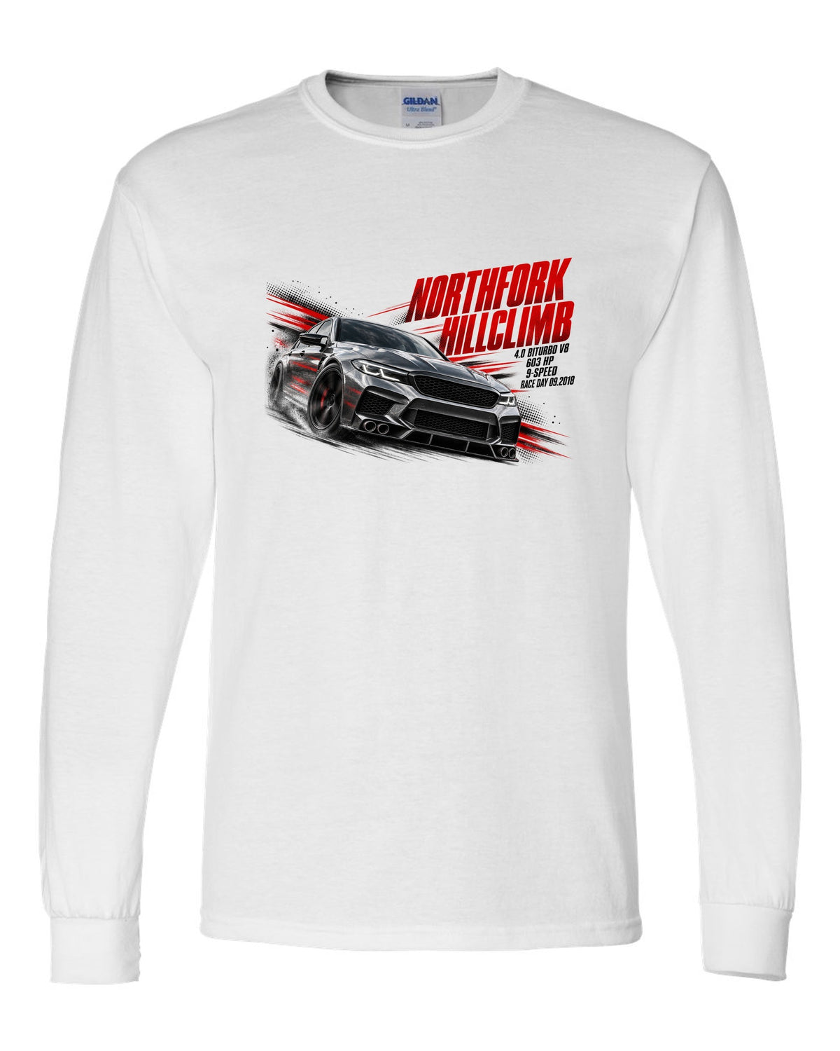 print race poster of a Mercedes W213 E63 S sedan for a hillclimb with text 4.0 Biturbo race day 09.2018 white long sleeve front view with the design