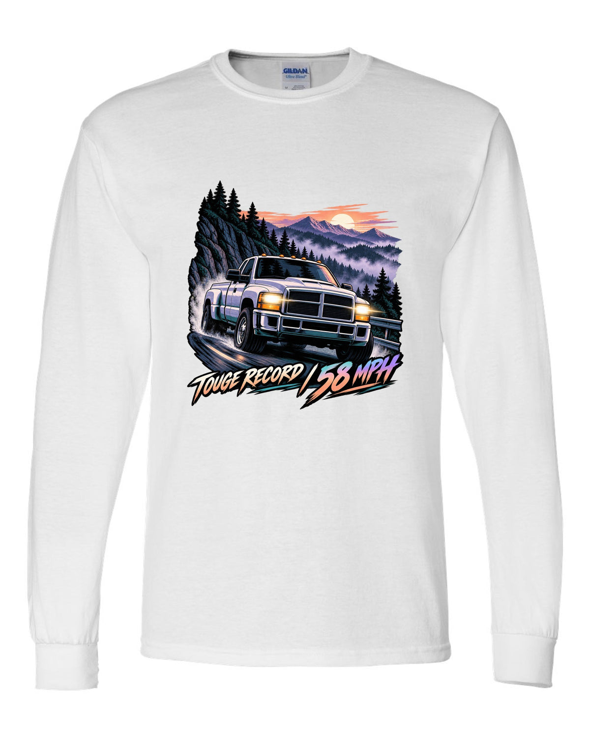 Cel-shaded anime night touge print of a 1994-1998 Dodge Ram 2500 12V Cummins white long sleeve front view with the design