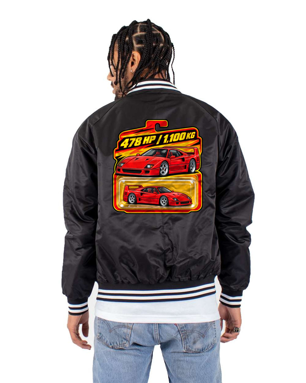 Ferrari F40 Blister Pack Tee, 478 HP 1,100 KG Toy Card Print Bomber Jacket Black back