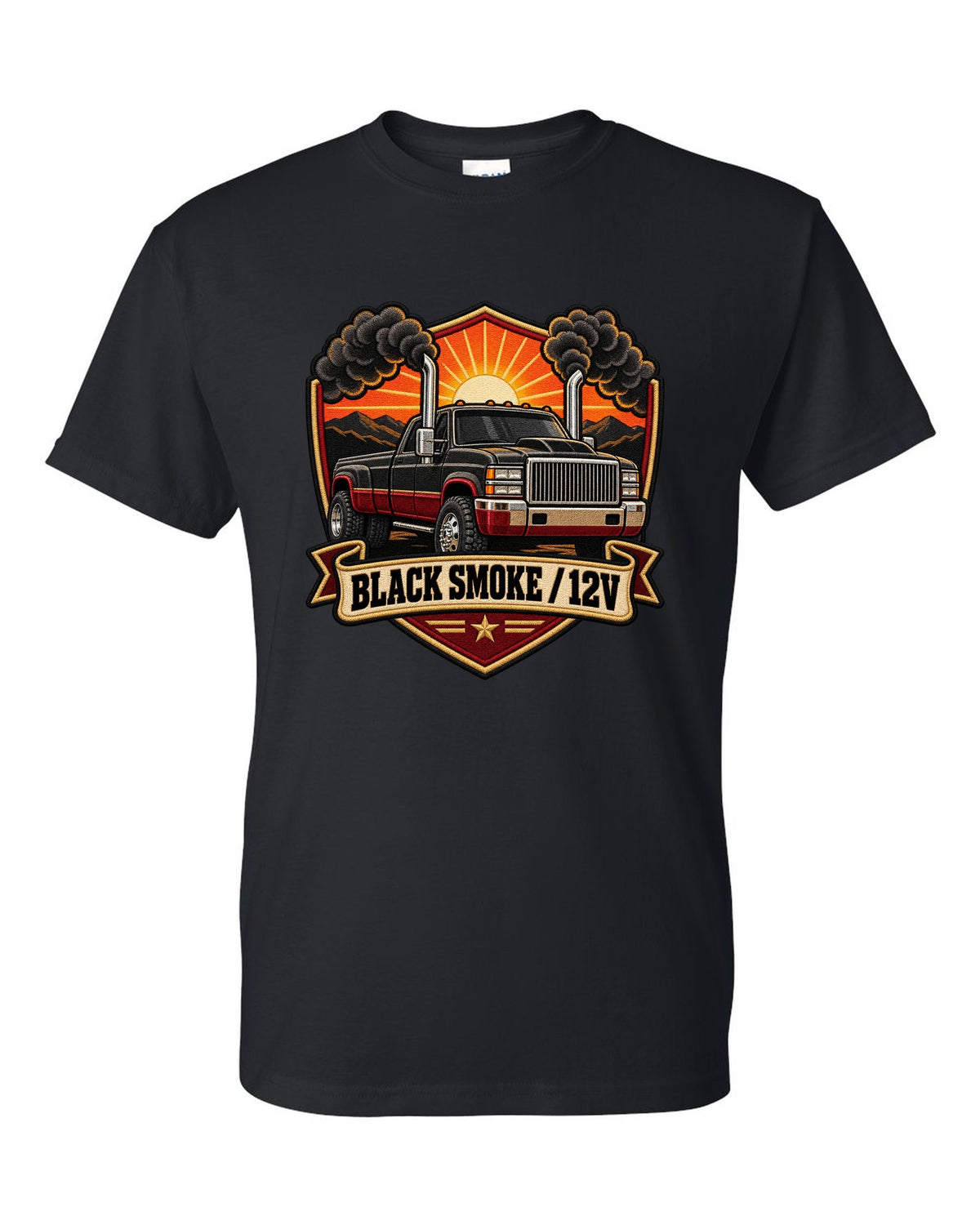 Varsity crest print of a 1994-1998 Dodge Ram 2nd gen with twin chrome smoke stacks and 12V text black t-shirt front view with the design