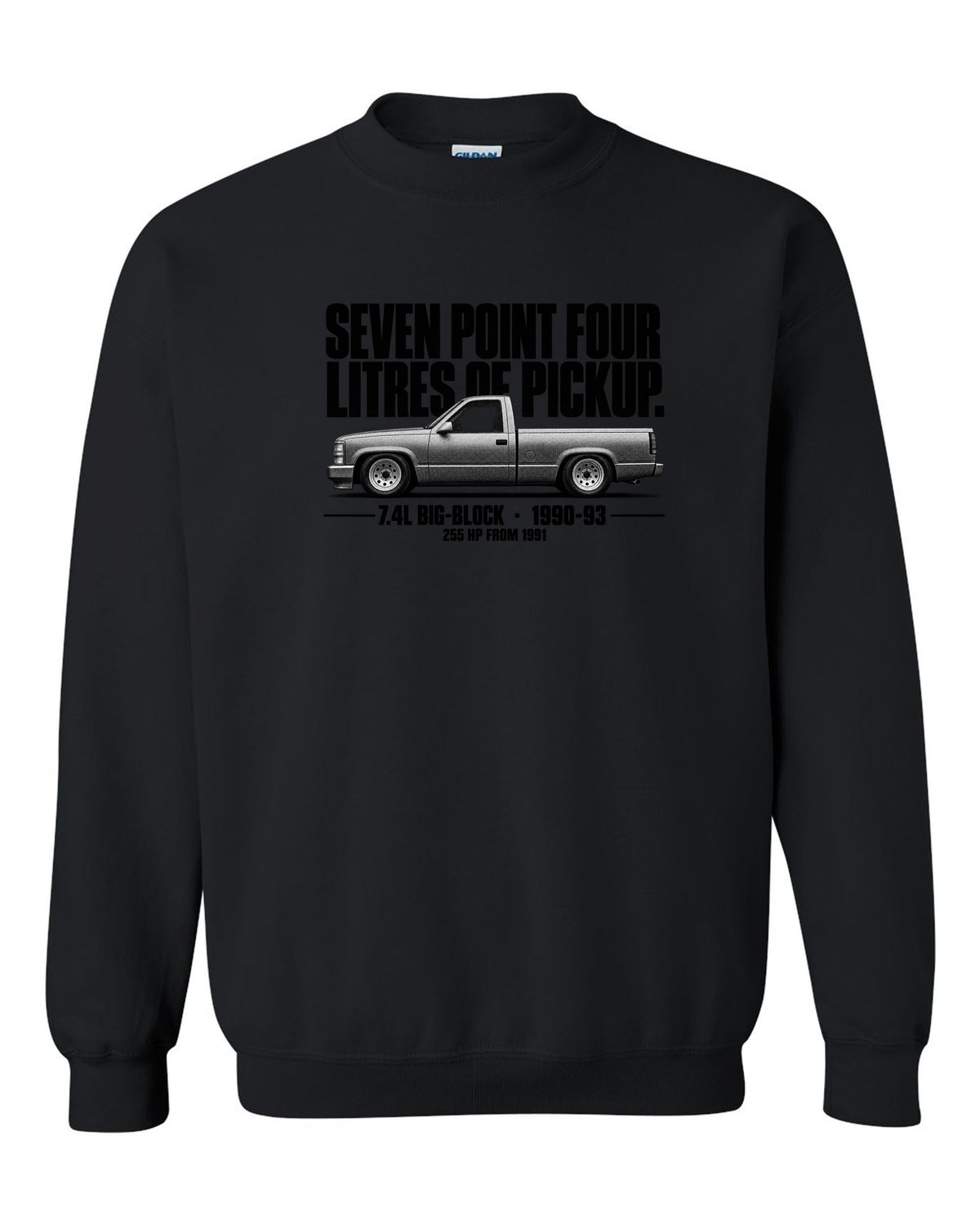 Chevy 454 SS Pickup Halftone Profile black crewneck front view with the design