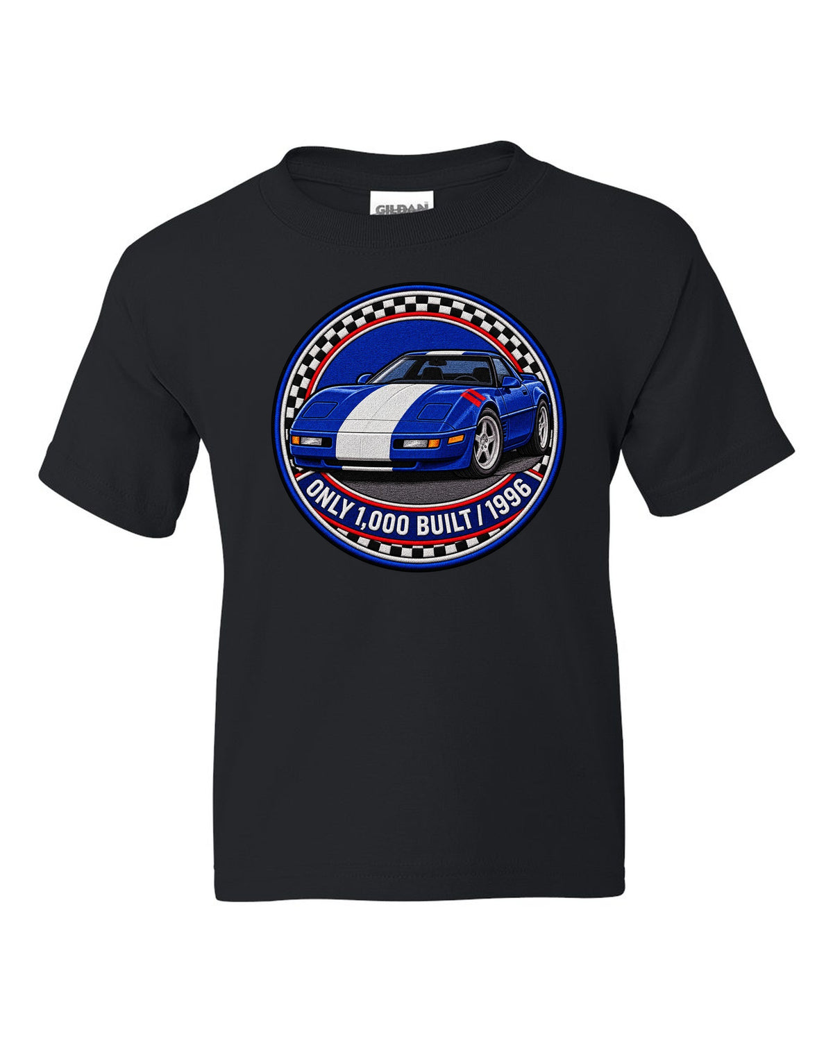 Embroidery style varsity crest print of a 1996 Chevrolet Corvette C4 Grand Sport with Only 1,000 Built text black kids tee front view with the design