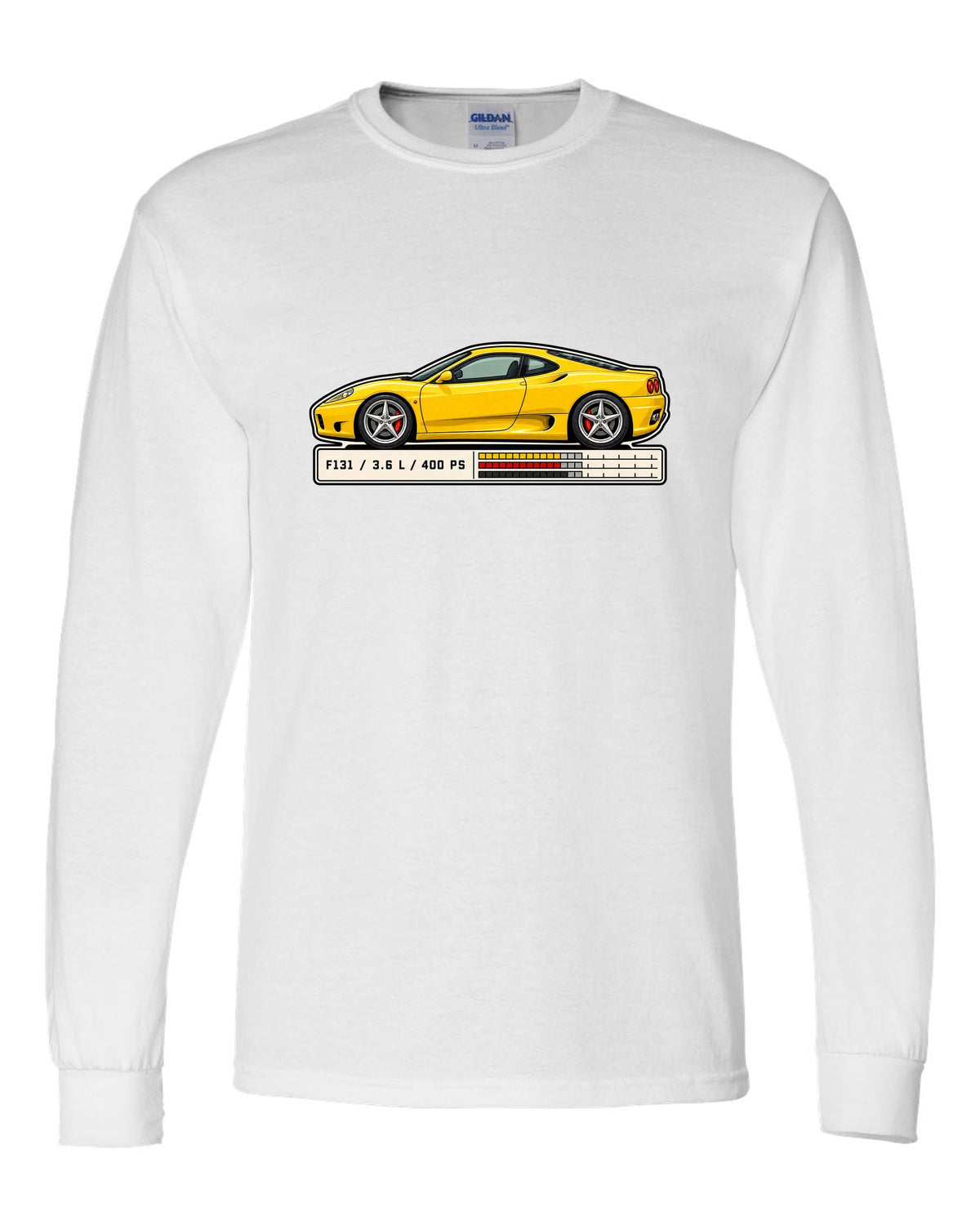 Spec sheet data plate print for the Ferrari 360 Modena listing F131, 3.6 L and 400 PS white long sleeve front view with the design