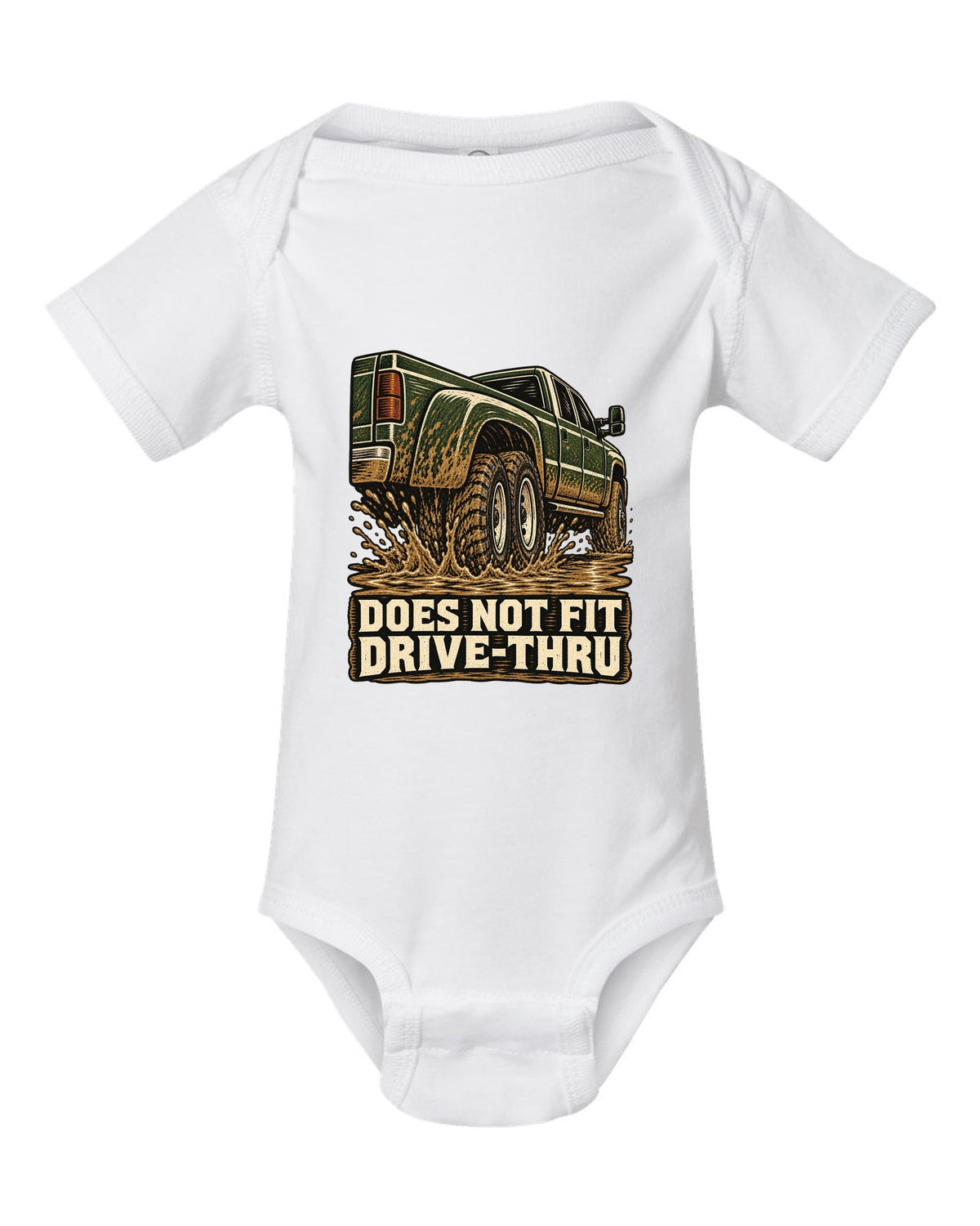 Woodcut print of a 1994-1998 Dodge Ram 3500 dually Cummins with drive-thru text white baby onesie front view with the design