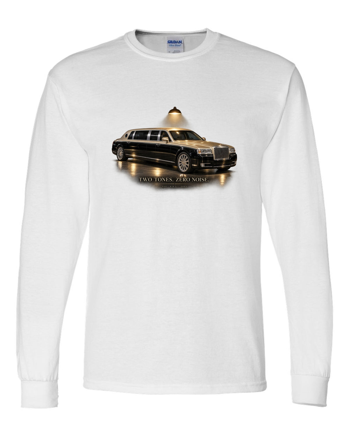 Garage night print of a Maybach 57 S W240 with Two Tones Zero Noise lettering white long sleeve front view with the design