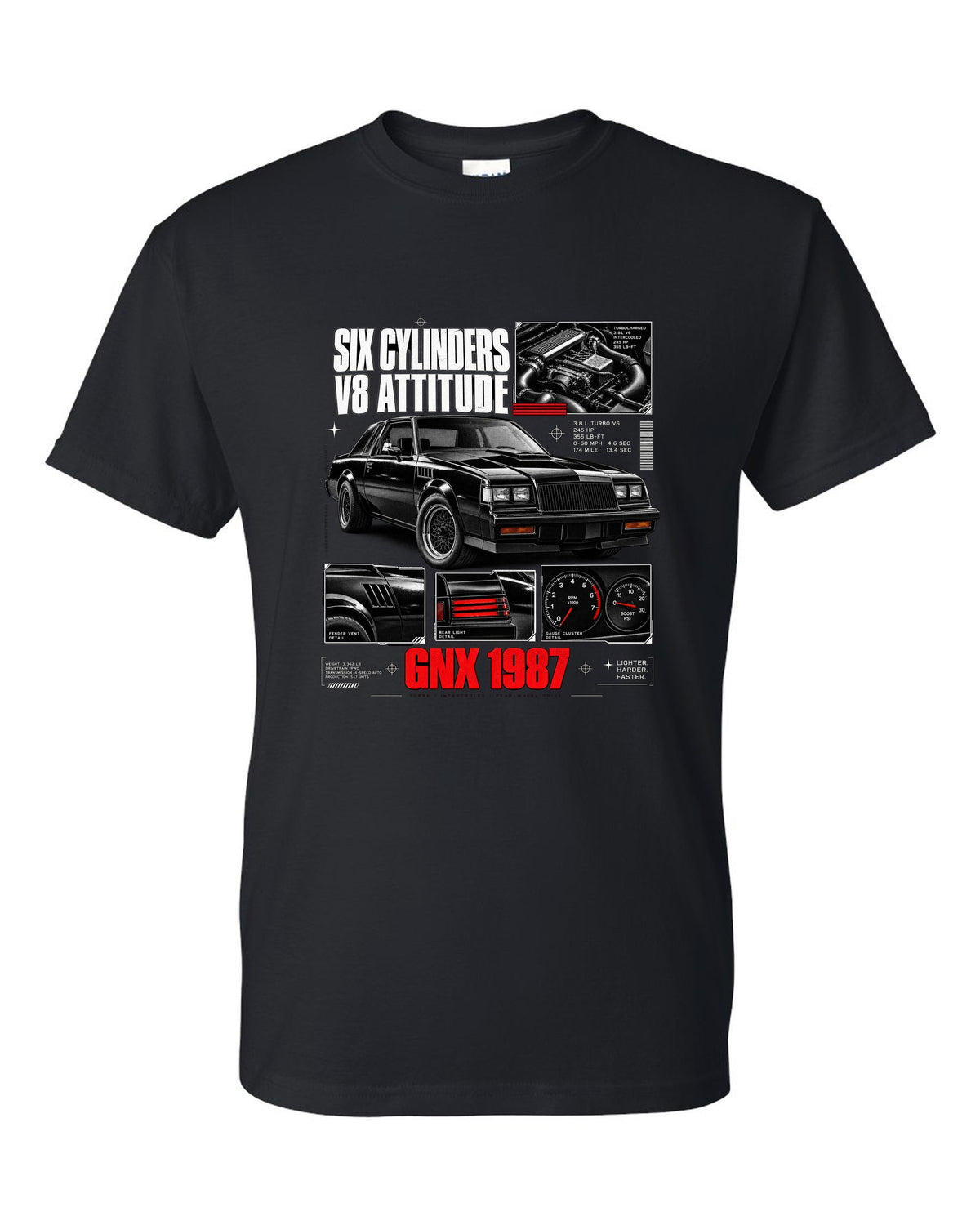 print dossier panels of a 1987 Buick GNX with six cylinders V8 attitude lettering black t-shirt front view with the design