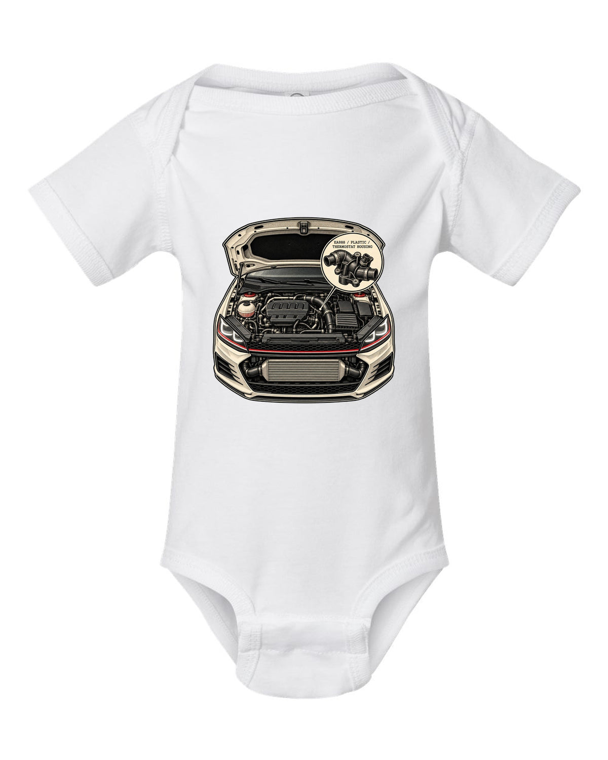 Patent line art of a VW Golf Mk7 GTI engine bay labelled EA888 plastic thermostat housing white baby onesie front view with the design