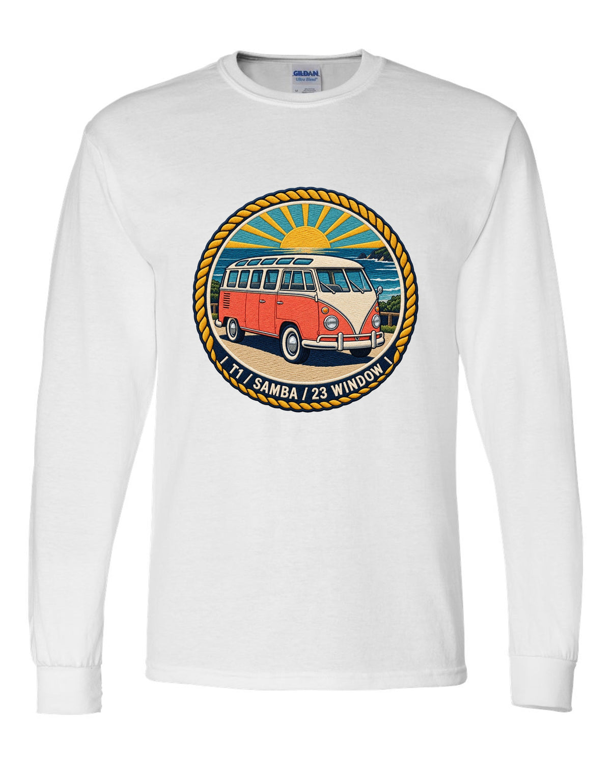 Round crest for the VW Bus T1 Samba 23 window white long sleeve front view with the design
