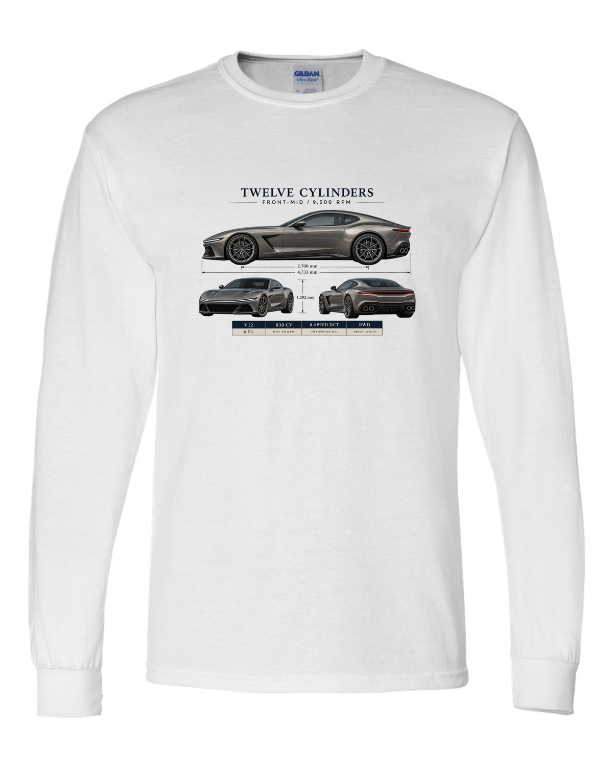 Three-view spec sheet print of the Ferrari 12Cilindri on a tee white long sleeve front view with the design