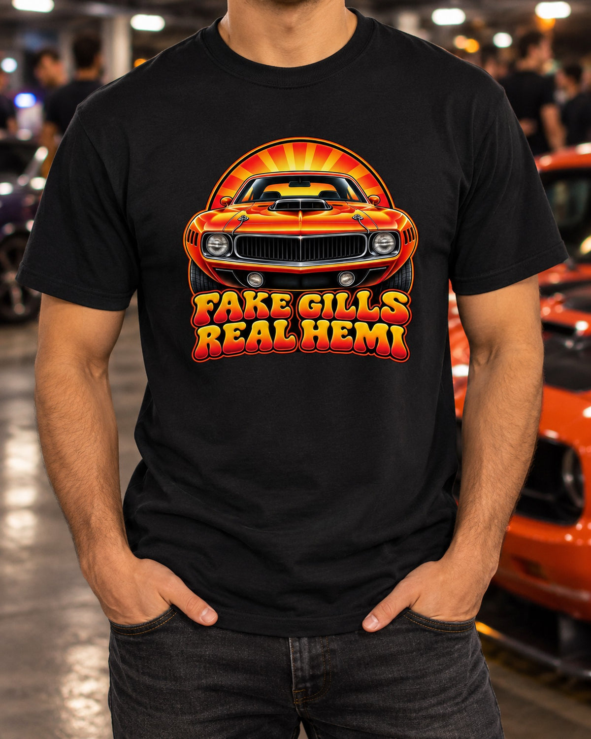 1970 Hemi 'Cuda Gill Sunburst Shirt, Fake Gills Real Hemi T-Shirt Black worn hero