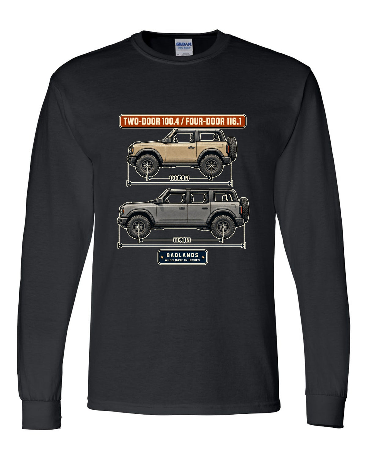Ford Bronco Badlands two-door and four-door wheelbase blueprint print black long sleeve front view with the design