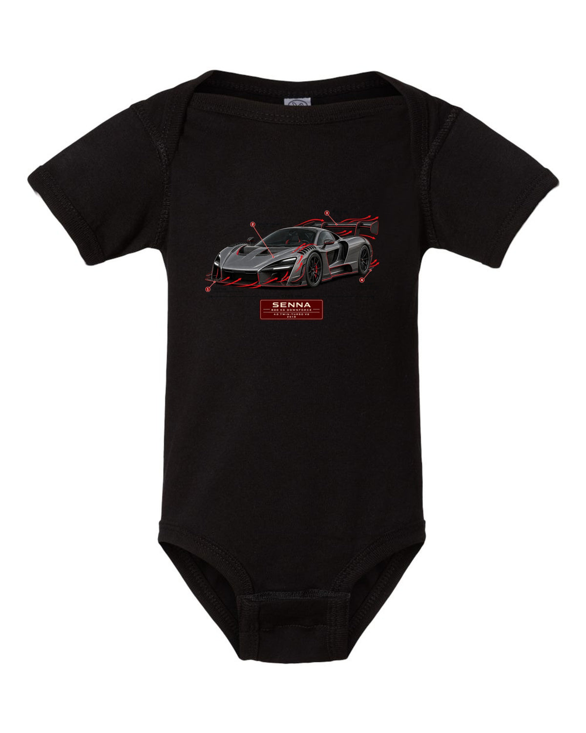 Aero callout print of a McLaren Senna showing 800 kg downforce black baby onesie front view with the design