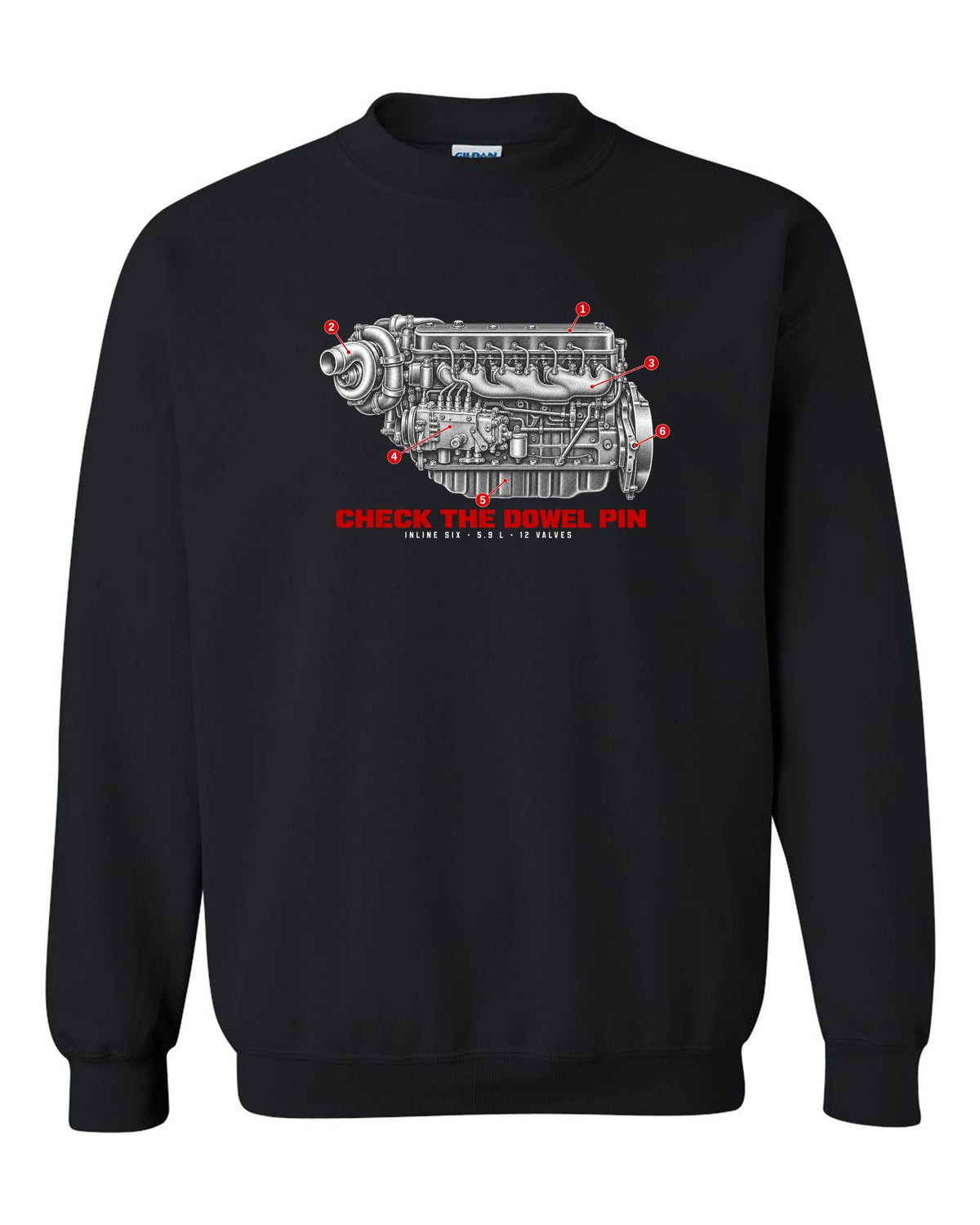 Engine hero print of a 1994-98 Ram 2500 5.9L 12-valve Cummins inline six black crewneck front view with the design