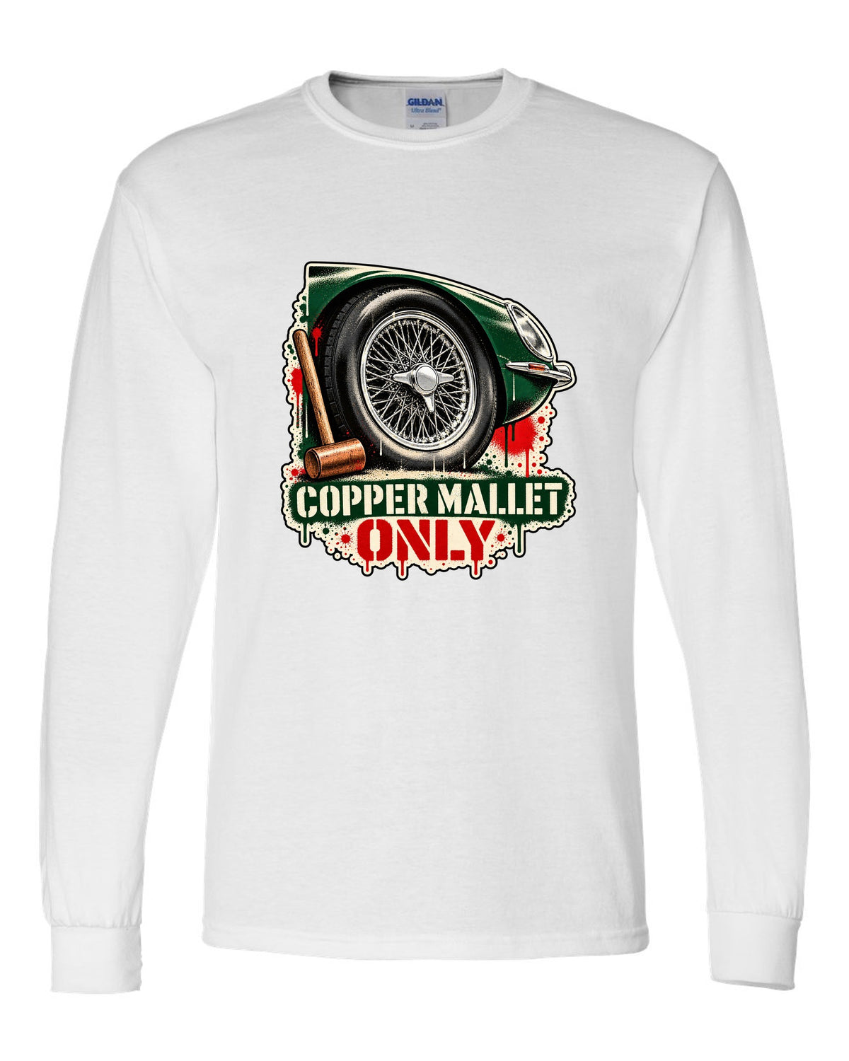 Spray stencil street art print of a Jaguar E-Type Series 1 wire wheel with copper mallet lettering white long sleeve front view with the design