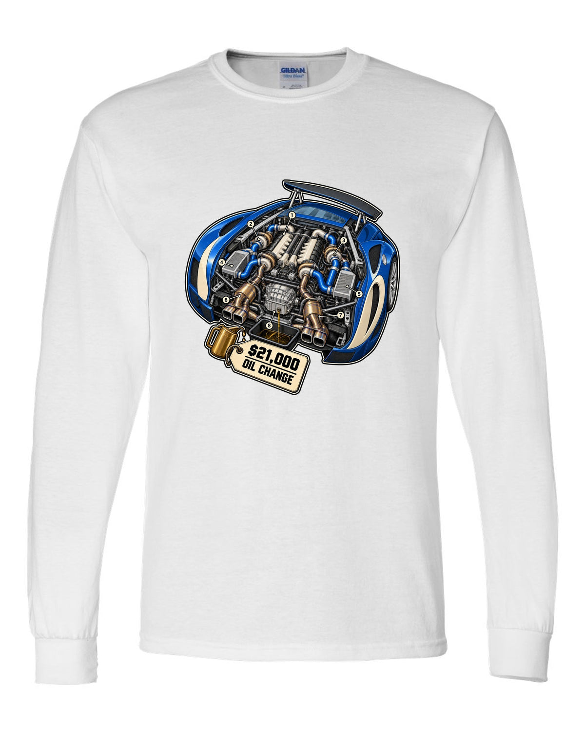 Exploded cutaway diagram print of the Bugatti Veyron 16.4 W16 engine with oil change lettering white long sleeve front view with the design