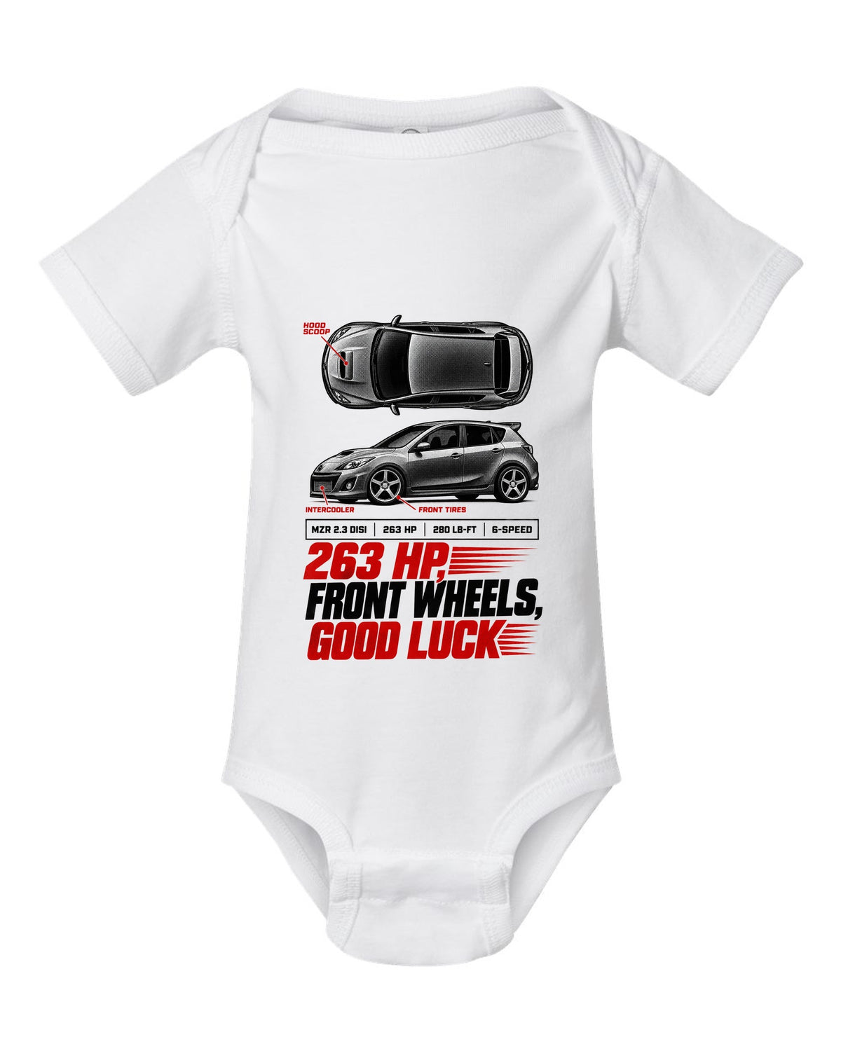 Top-down and profile views of a Mazdaspeed3 BK with 263 HP spec poster text white baby onesie front view with the design