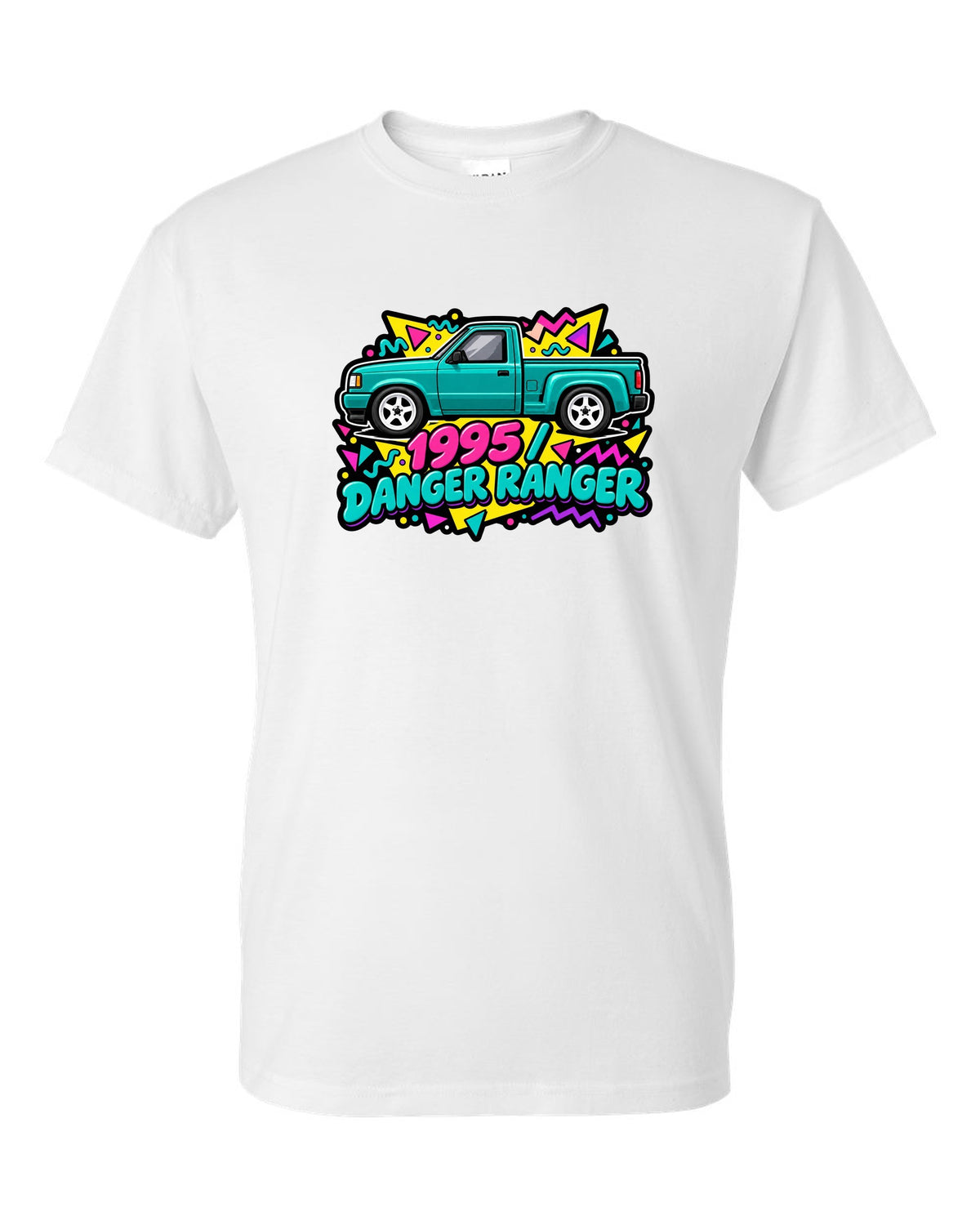 Ford Ranger 1995 stepside in a 90s Memphis sticker pack print white t-shirt front view with the design