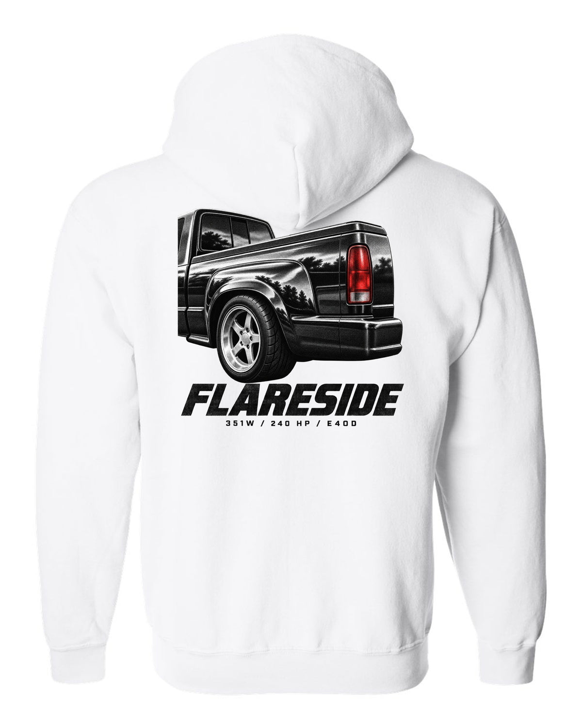 Ford F-150 SVT Lightning 1993-95 flareside taillight macro print with 351W and 240 HP white zip hoodie back view with the design