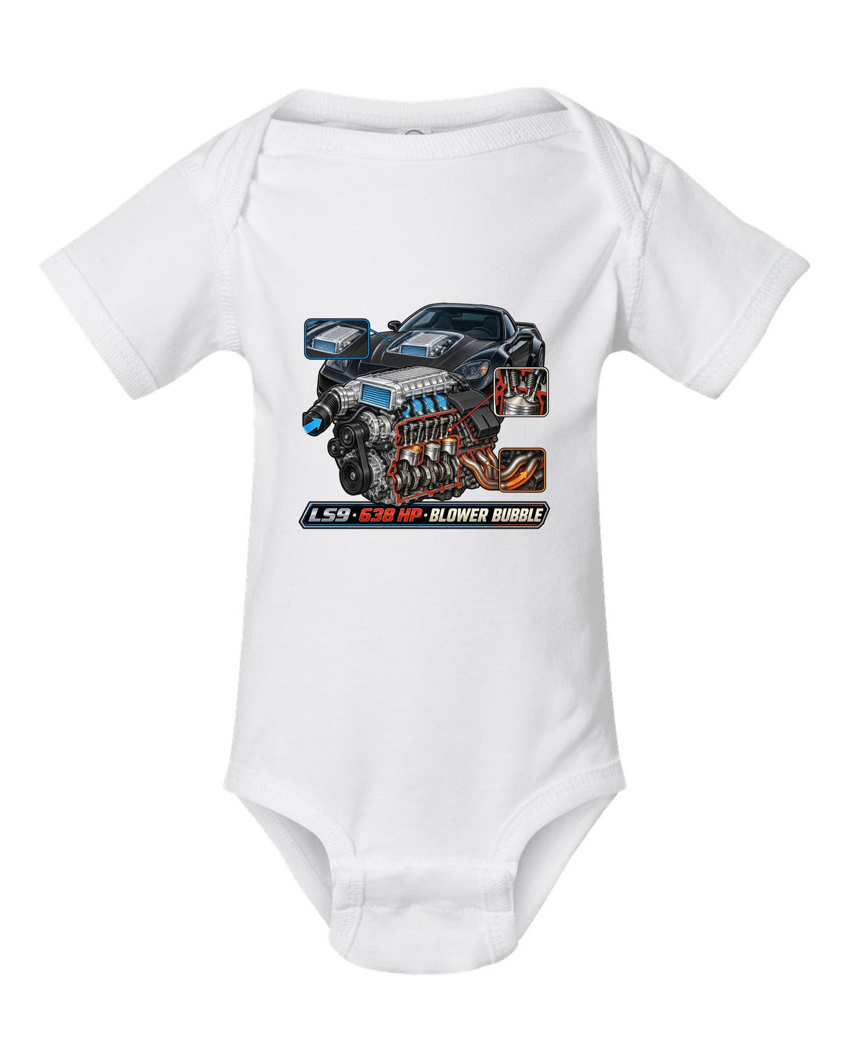 Cutaway engine print of the LS9 supercharger in a 2009 Chevrolet Corvette C6 ZR1 with 638 HP text white baby onesie front view with the design