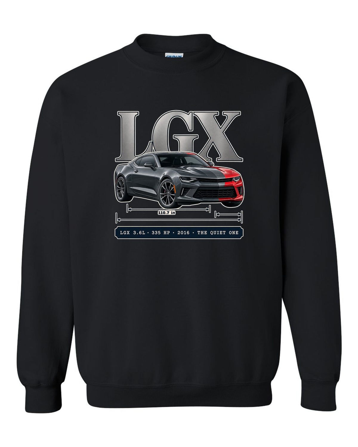 Archive panel print of a 2016 Chevrolet Camaro V6 with LGX 3.6L black crewneck front view with the design