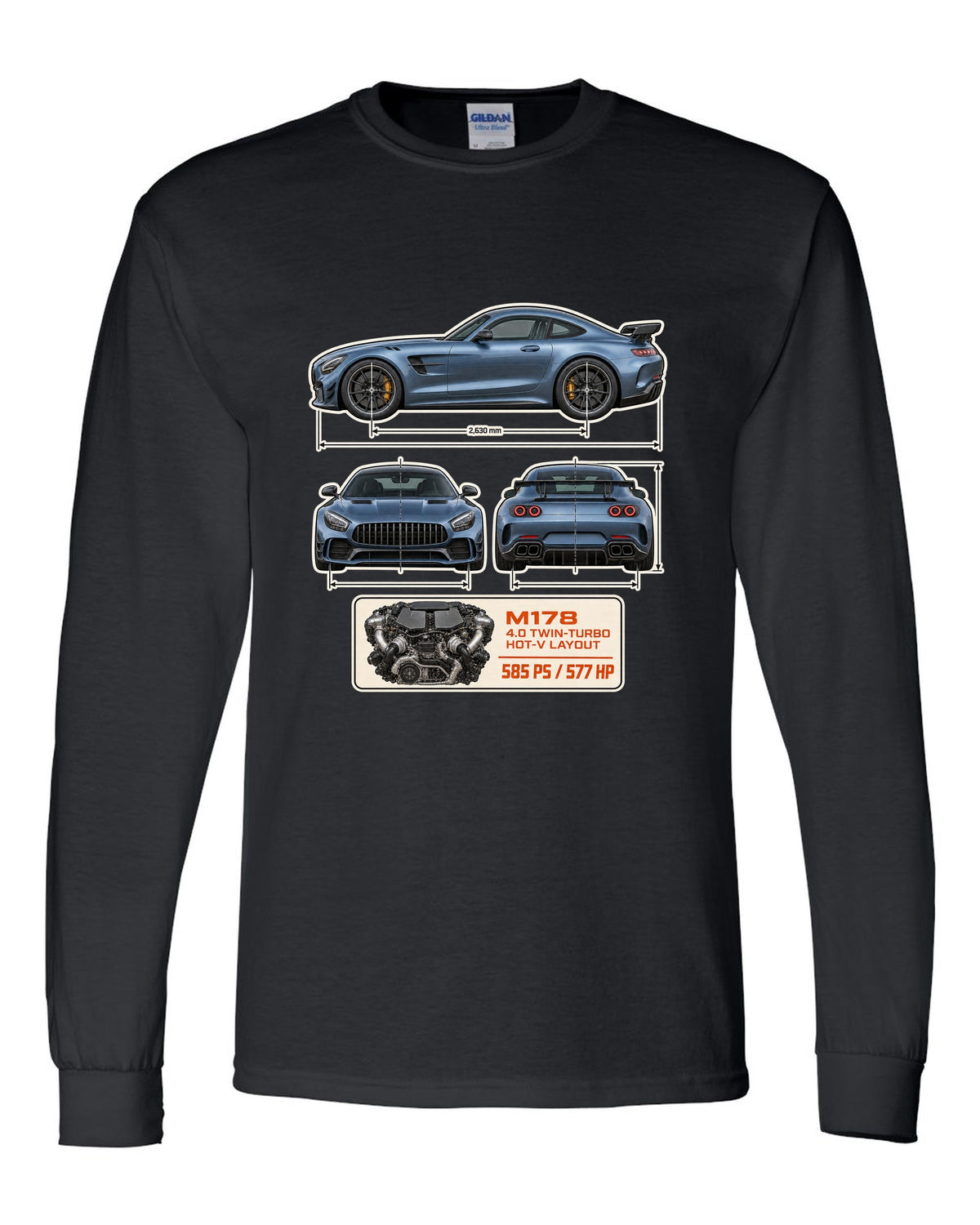 Mercedes-AMG GT R C190 dimension blueprint print black long sleeve front view with the design