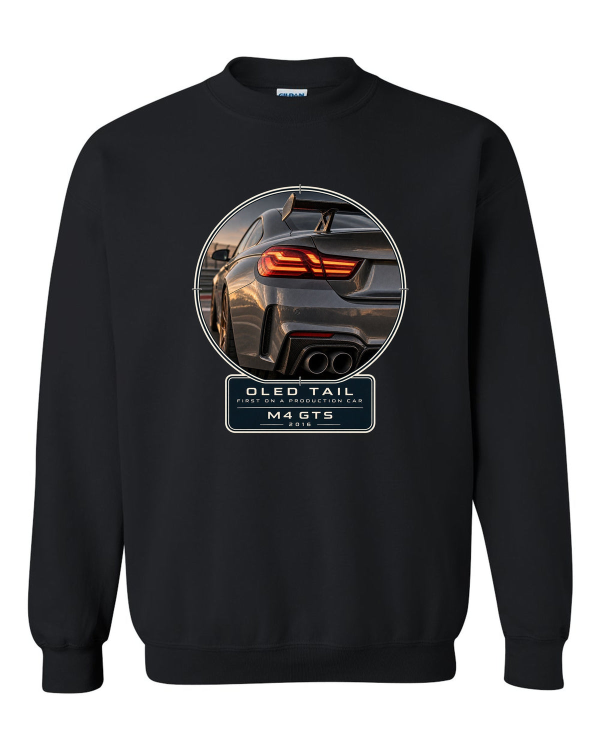 BMW M4 GTS OLED taillight macro print design black crewneck front view with the design