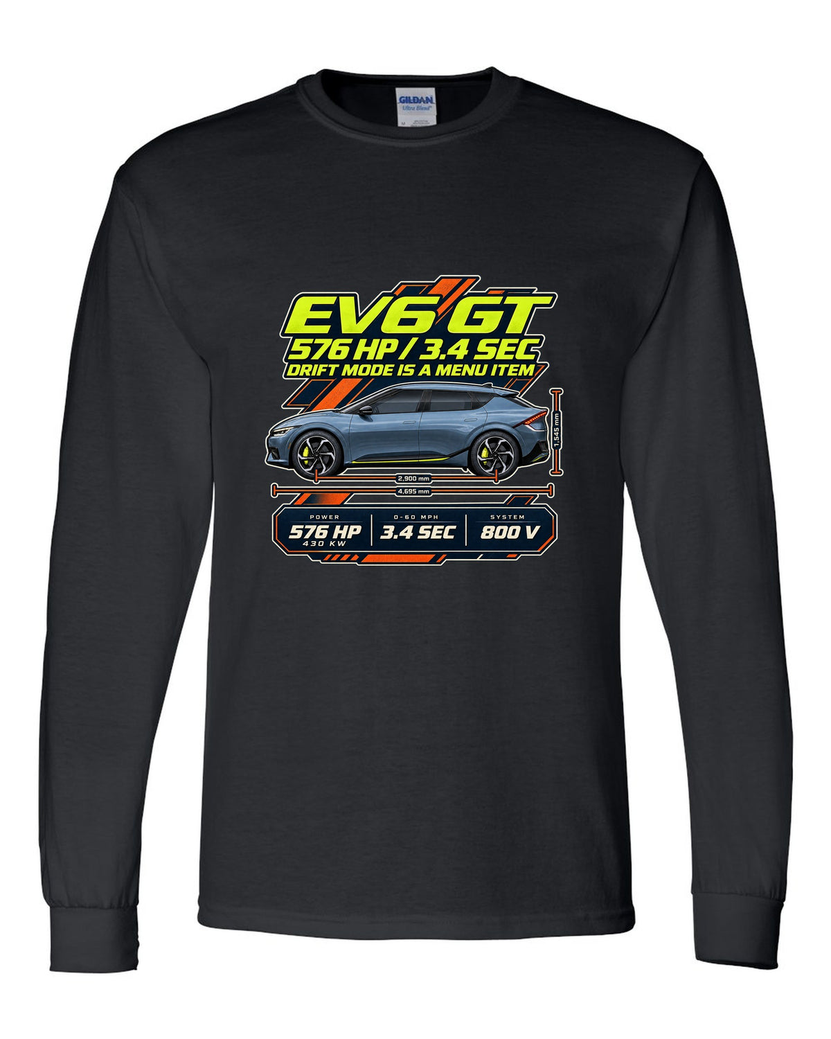 Kia EV6 GT spec poster print on a shirt black long sleeve front view with the design