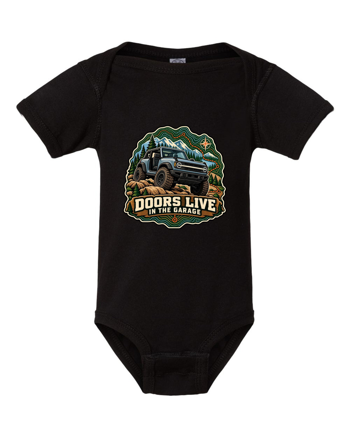 Ford Bronco U725 two-door on a topographic trail route map print black baby onesie front view with the design