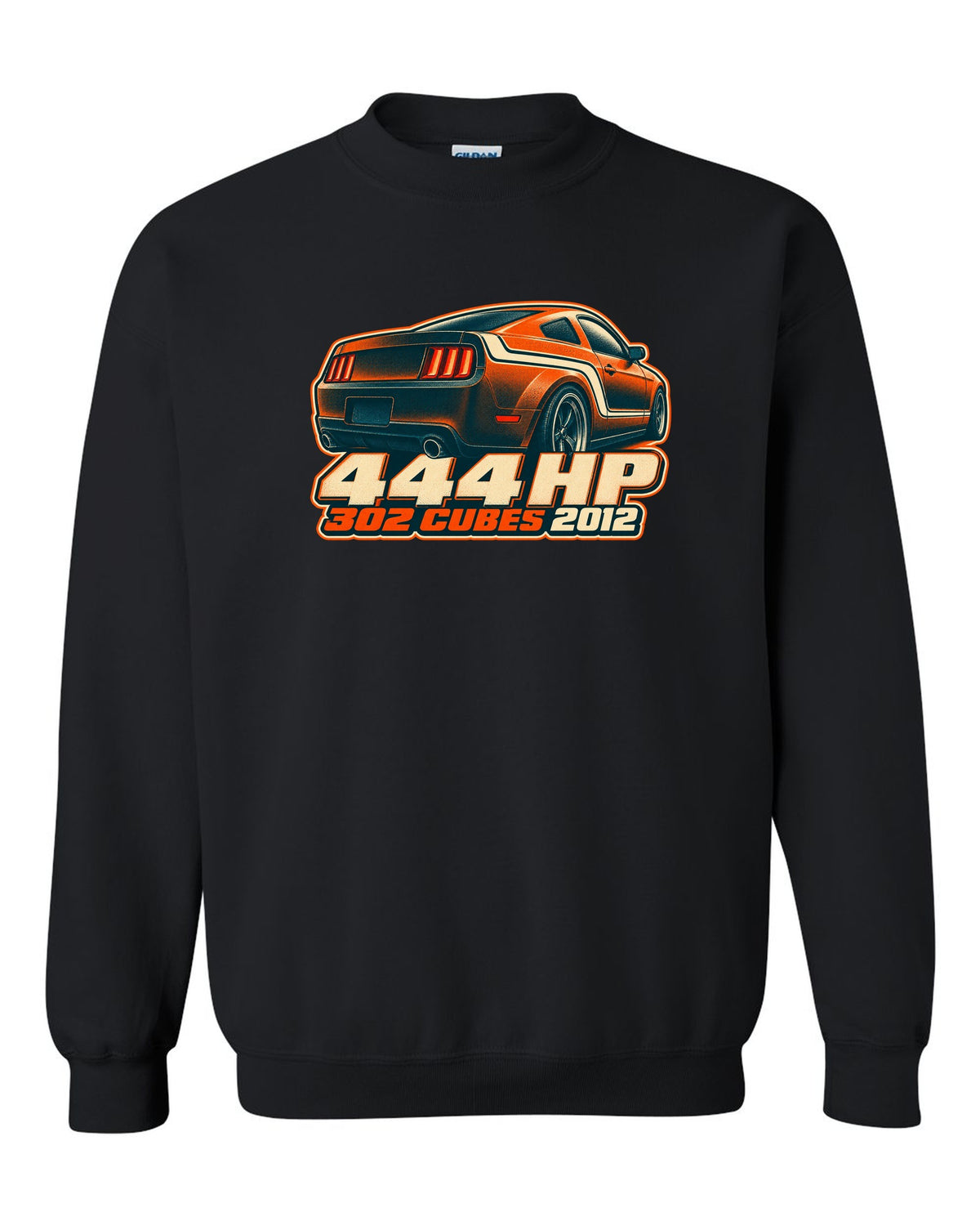 Risograph halftone stripe macro of a 2005-2014 S197 Ford Mustang with 444 HP text black crewneck front view with the design