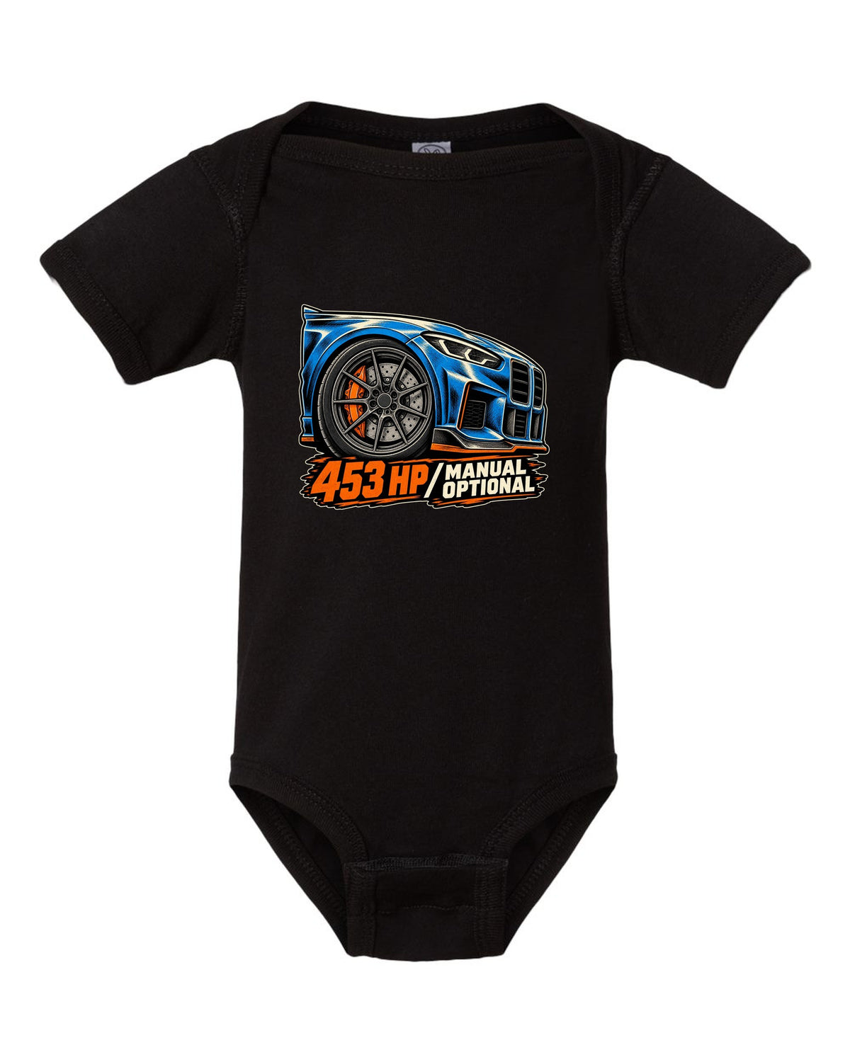 Embroidery-style shield crest print of a BMW M2 F87 with chargepipe fund text black baby onesie front view with the design