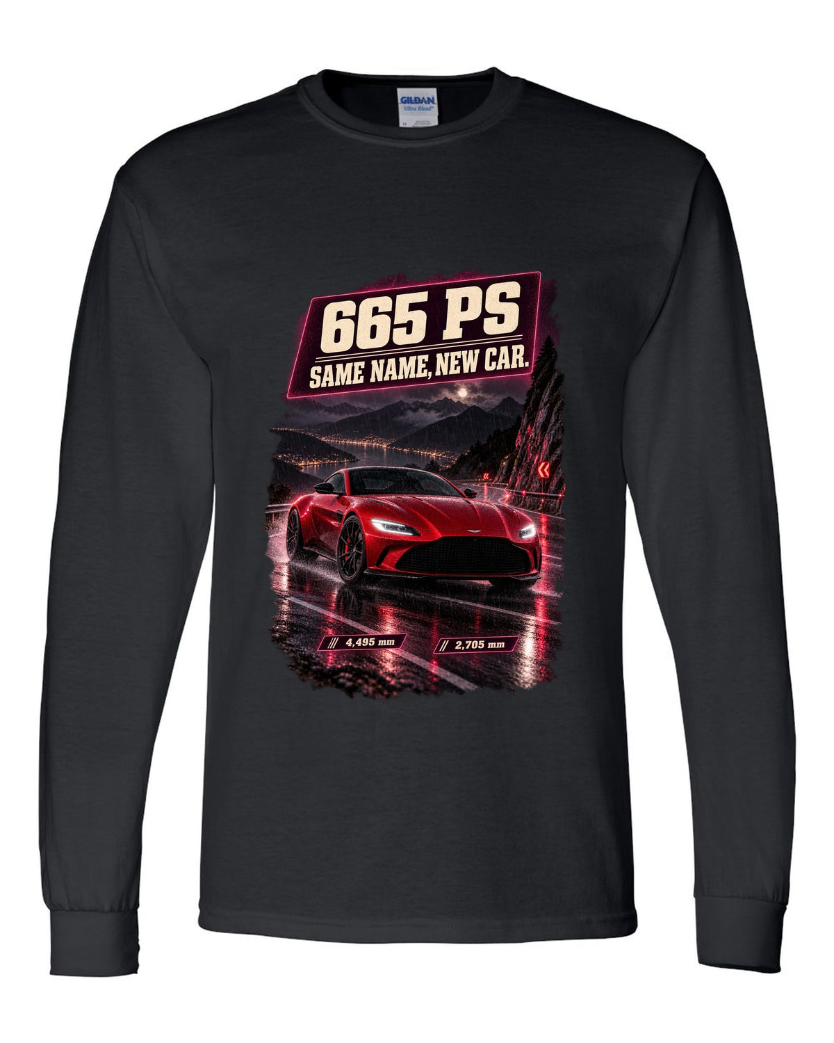 Aston Martin Vantage 2024 touge night street print with 665 PS text black long sleeve front view with the design