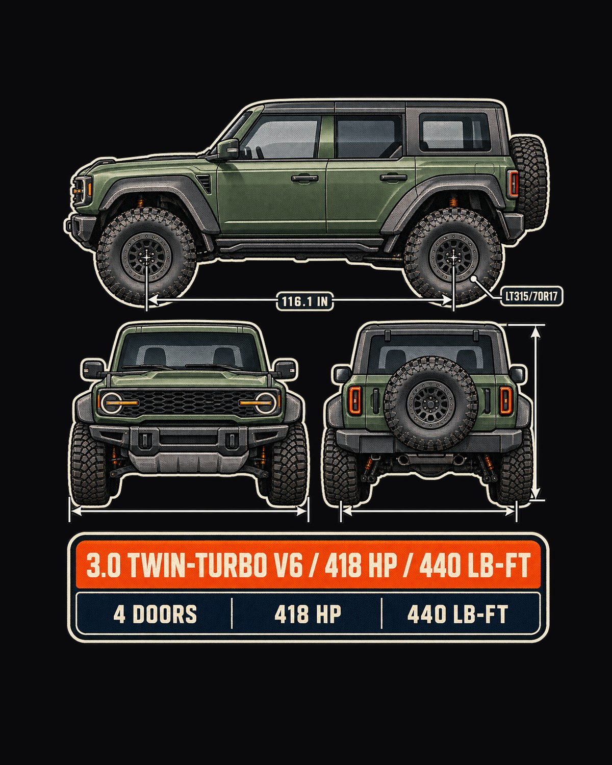 Ford Bronco Raptor Three-View Spec Table Shirt, Bronco Gift design only