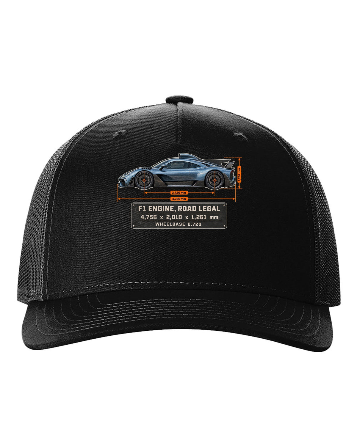 Mercedes-AMG One Dimension Blueprint black hat front view with the design