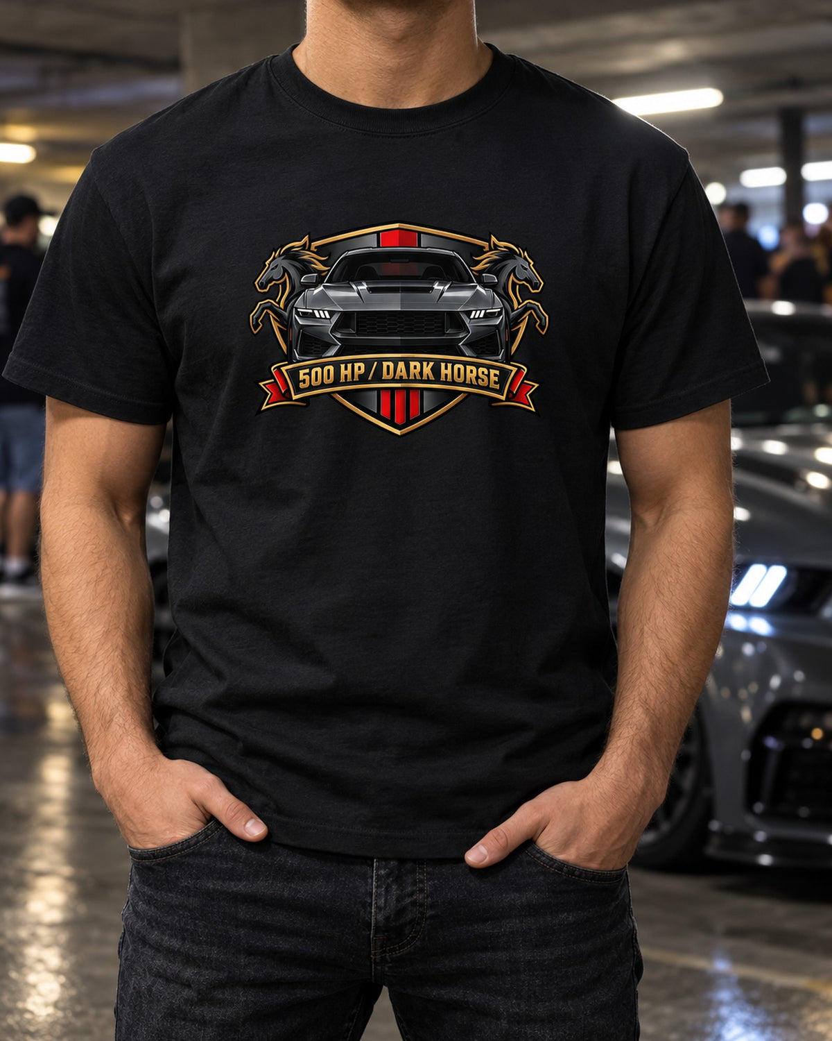 S650 Mustang Dark Horse Varsity Crest Shirt, 500 HP T-Shirt Black worn hero