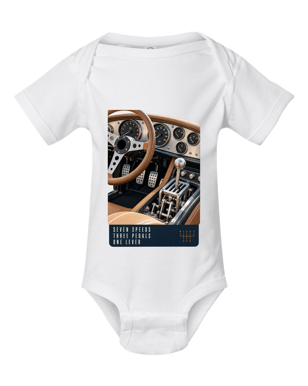 print of the Pagani Utopia manual cockpit and gated shifter white baby onesie front view with the design
