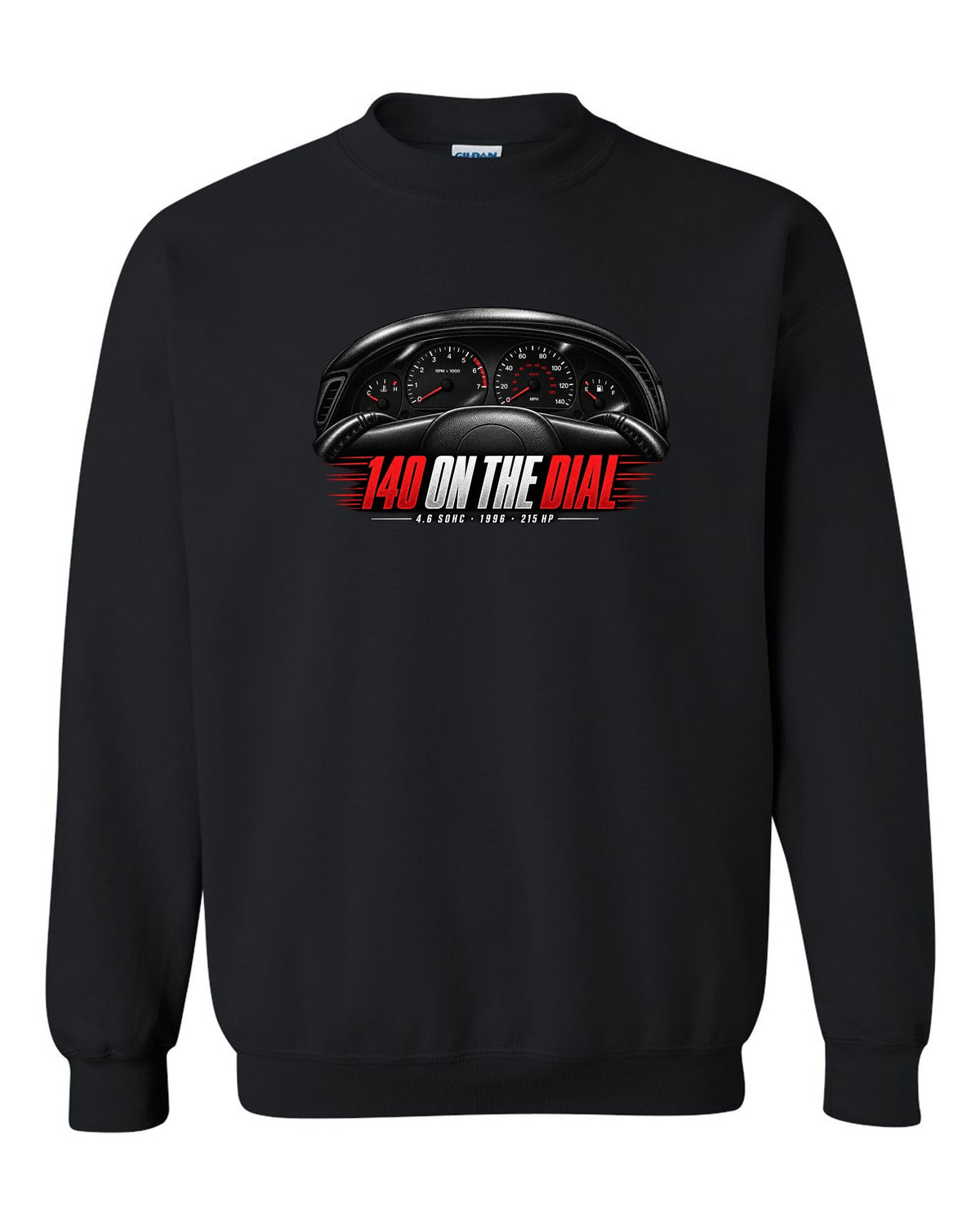 print of an SN95 Ford Mustang GT gauge cluster with 140 on the dial black crewneck front view with the design
