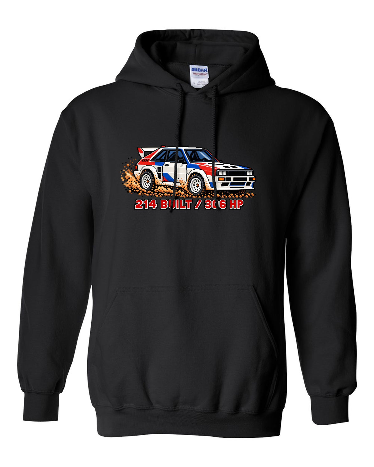 16-bit pixel art print of an Audi Sport Quattro SWB with 214 Built text black pull over hoodie front view with the design