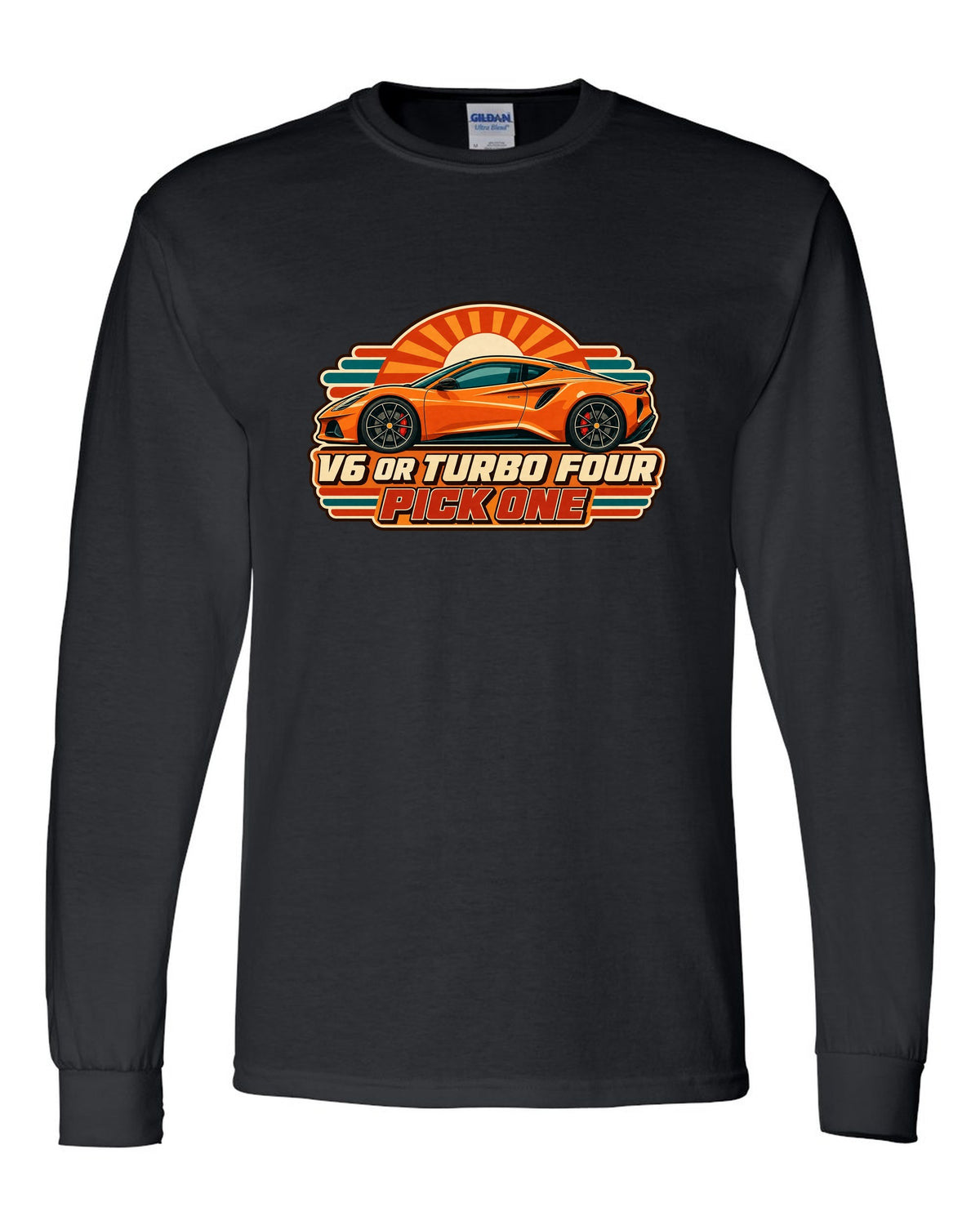 Lotus Emira in retro Japanese showa ad style with V6 OR TURBO FOUR PICK ONE lettering black long sleeve front view with the design