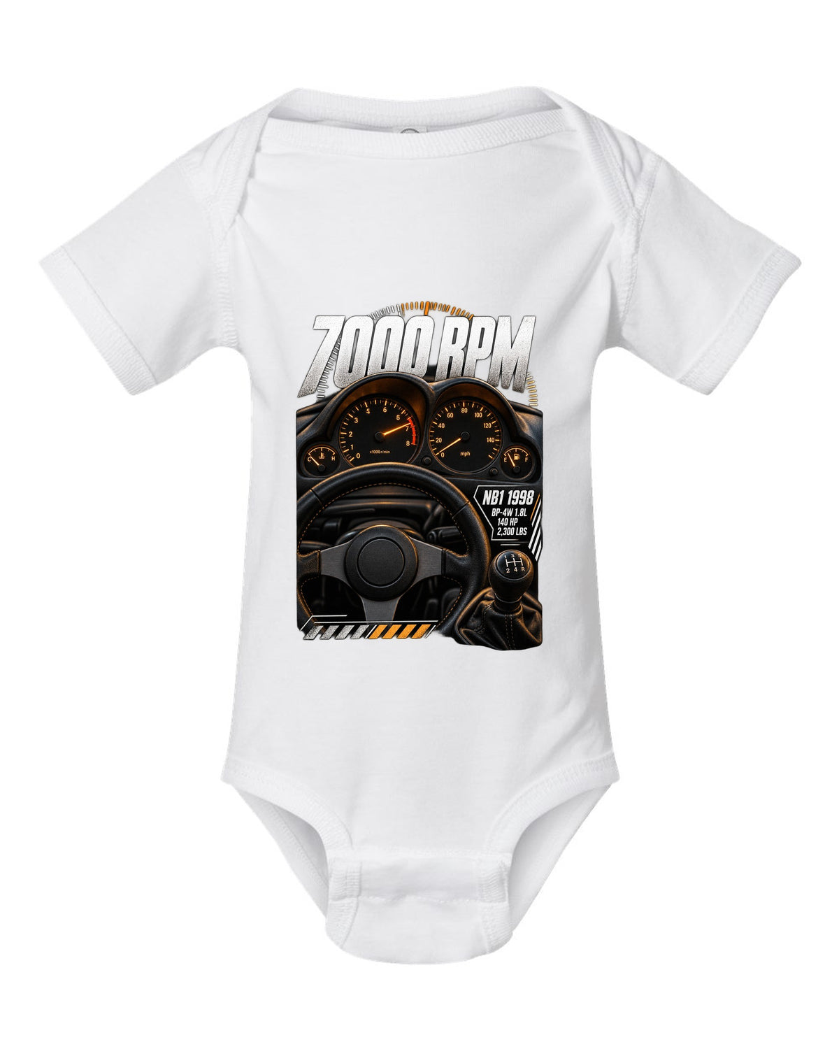 Cockpit gauge print for the 1998 Mazda MX-5 NB1 with 7000 rpm, BP-4W 1.8L and 140 HP white baby onesie front view with the design
