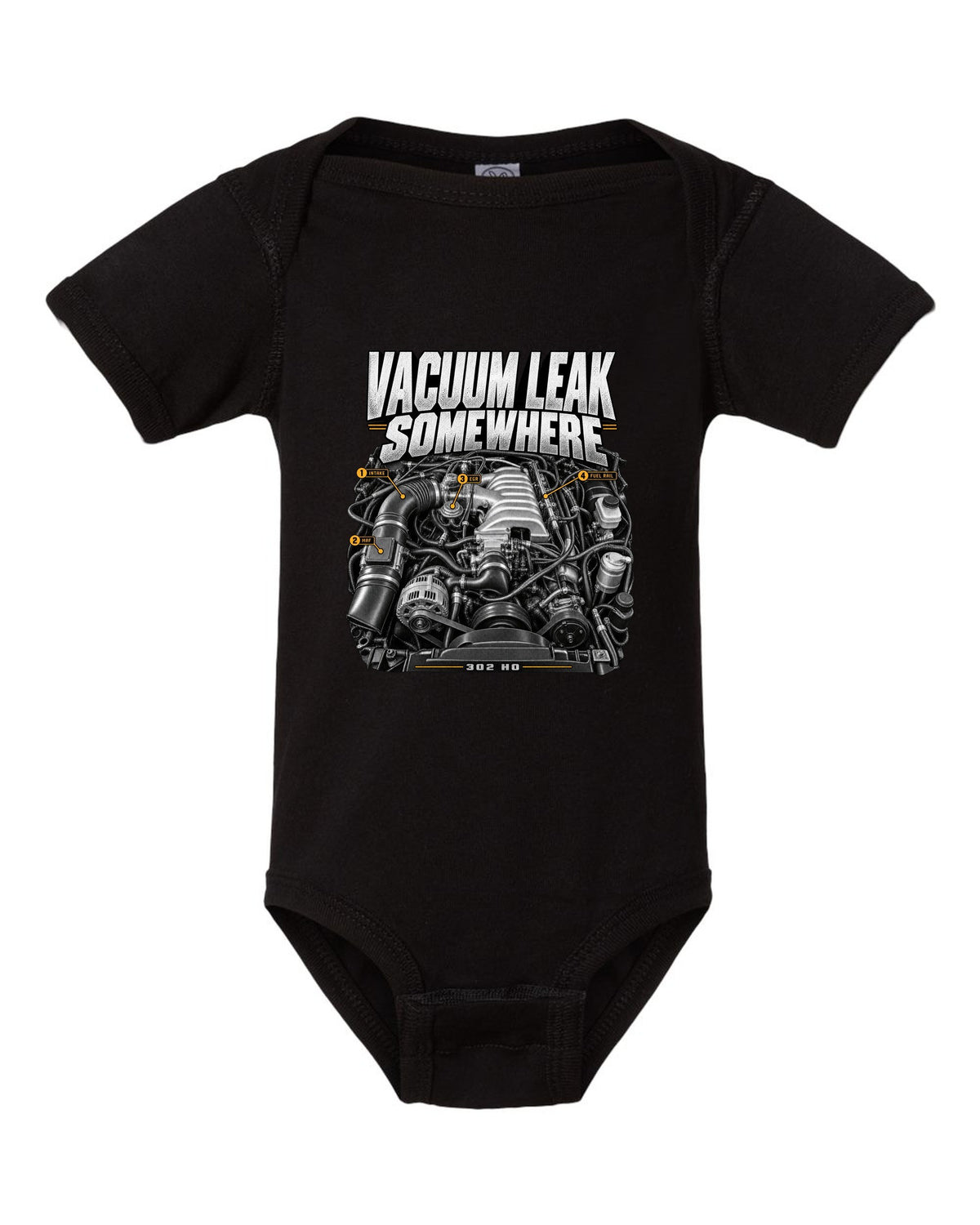 print of a Ford Mustang Fox Body 5.0 302 HO engine bay, 1987-93 black baby onesie front view with the design