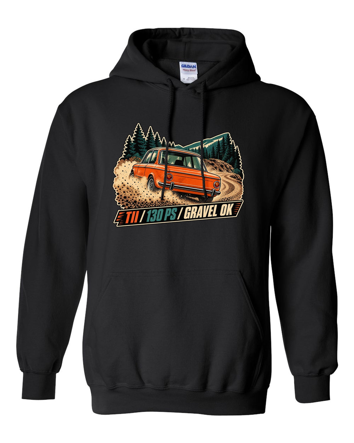BMW 2002 tii vintage hillclimb race poster print with 130 PS text black pull over hoodie front view with the design