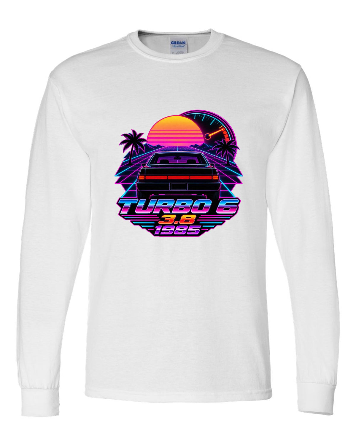 1985 Buick Regal T-Type rear taillights in a synthwave outrun sunset white long sleeve front view with the design