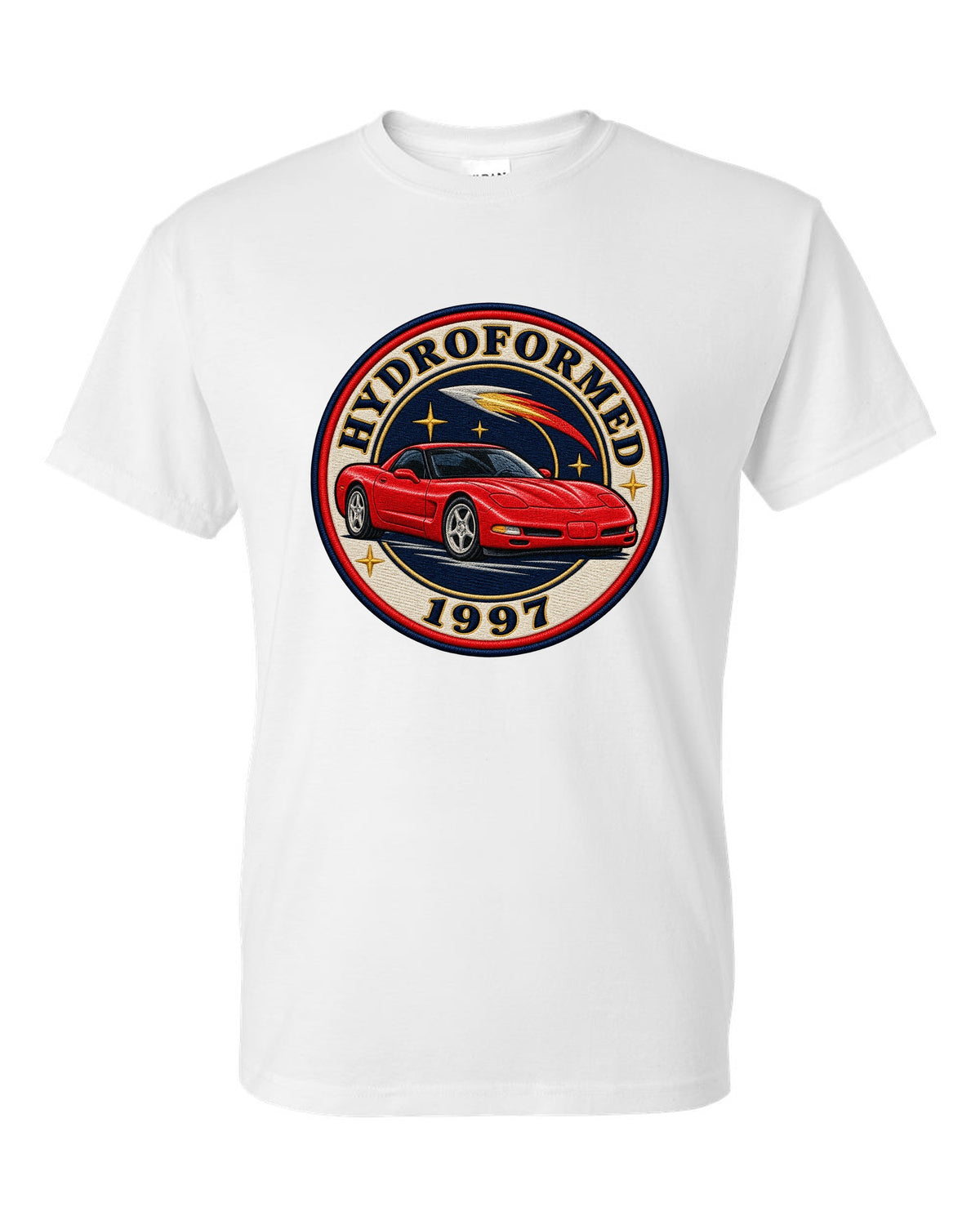 Embroidery style varsity crest print of a 1997 Chevrolet Corvette C5 coupe with Hydroformed text white t-shirt front view with the design