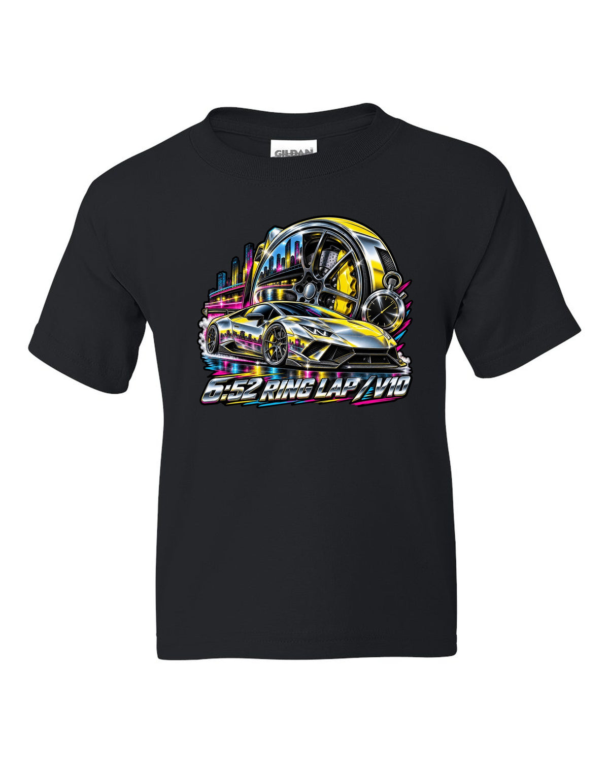 80s airbrush chrome Lamborghini Huracan Performante LP640-4 wheel and caliper with text 6:52 RING LAP / V10 black kids tee front view with the design