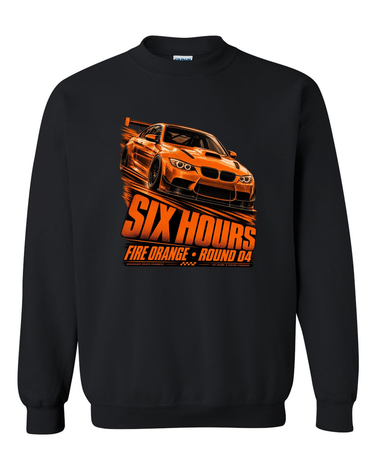 BMW E92 M3 GTS race poster print with Fire Orange round four lettering black crewneck front view with the design